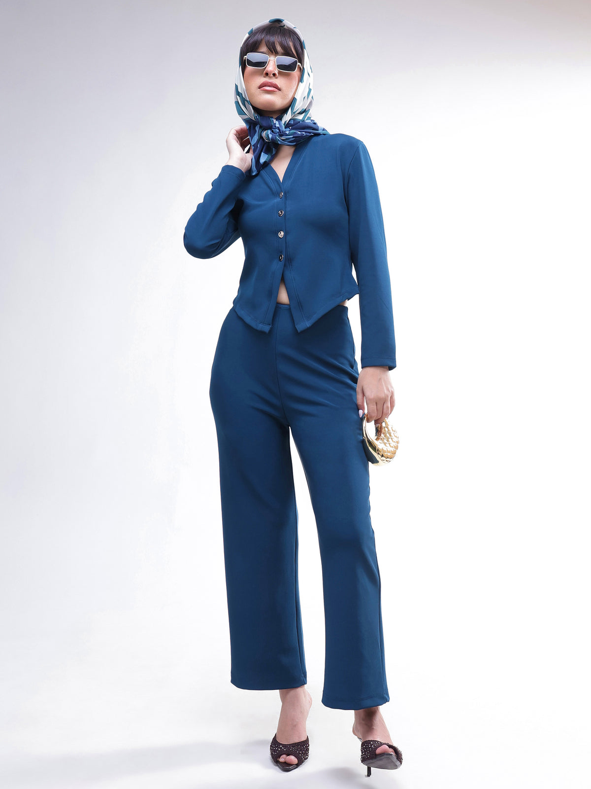 Navy Button Down Full Sleeve Top With Track Pants -SASSAFRAS