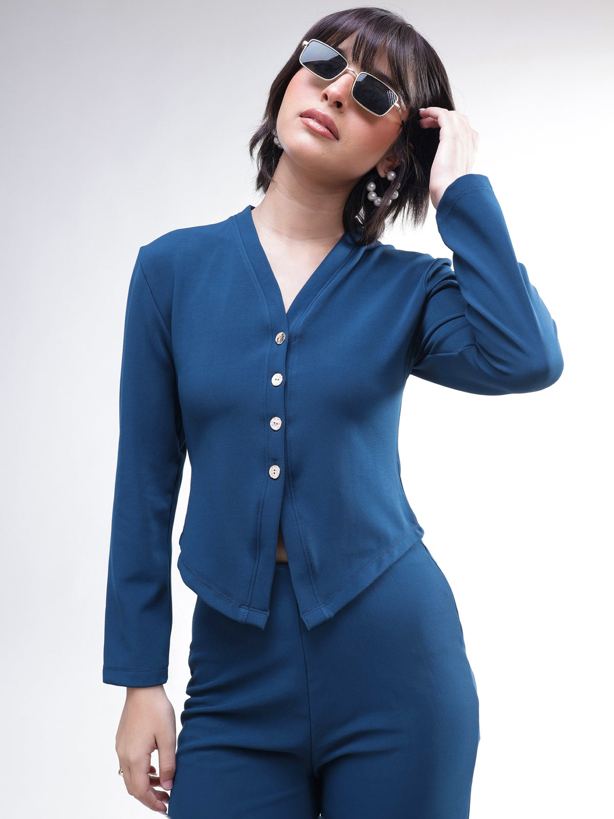 Navy Button Down Full Sleeve Top With Track Pants -SASSAFRAS
