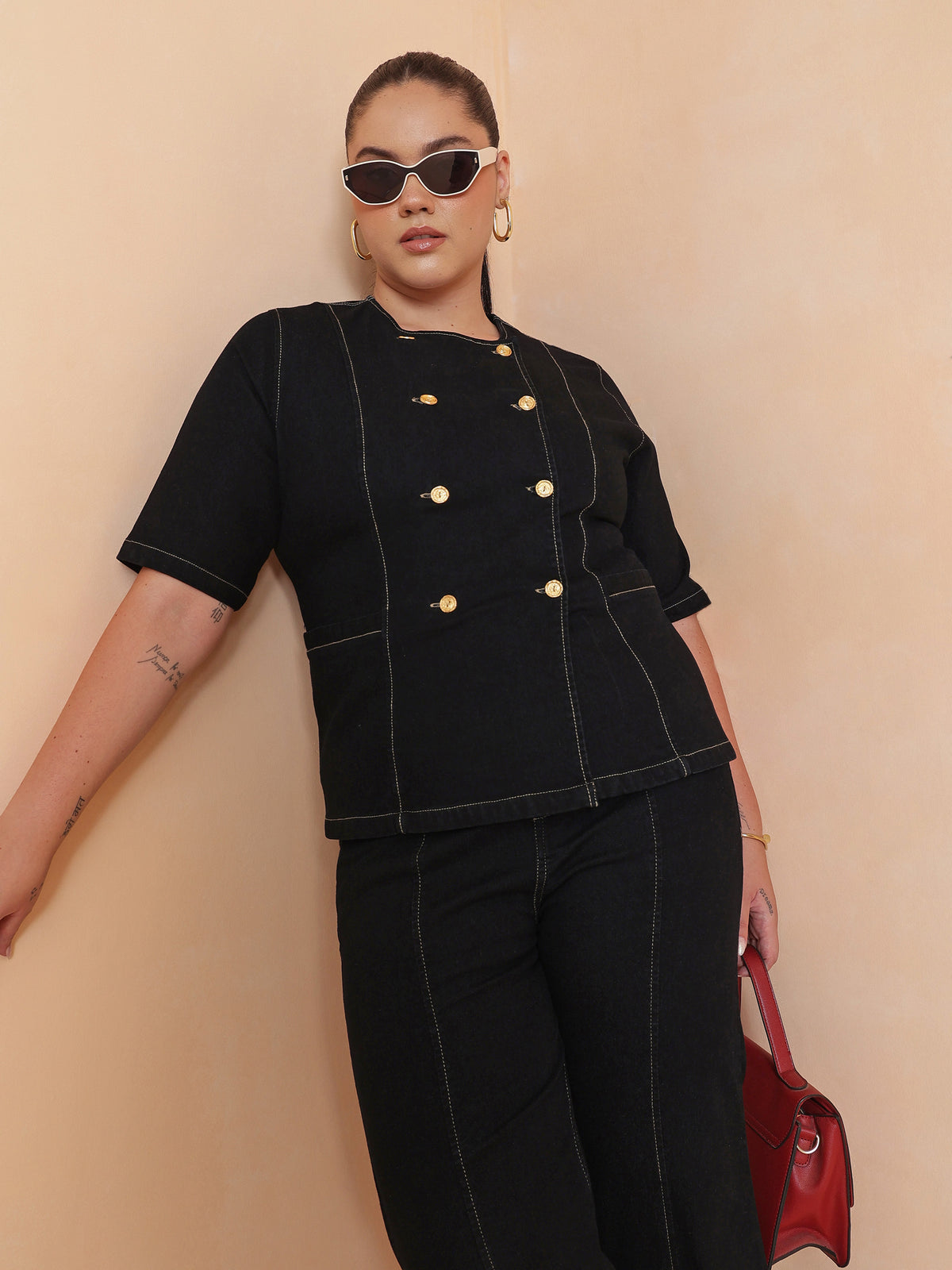 Black Front Button Top With Bell Bottom Jeans-SASSAFRAS Curve
