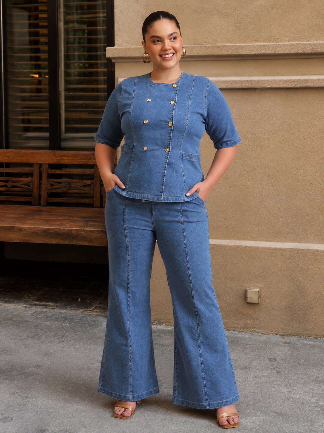 Blue Front Button Top With Bell Bottom Jeans-SASSAFRAS Curve