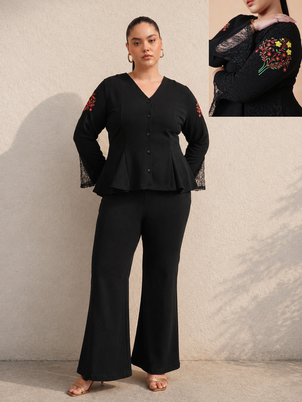 Black Front Button Top With Bell Bottom Pants-SASSAFRAS Curve