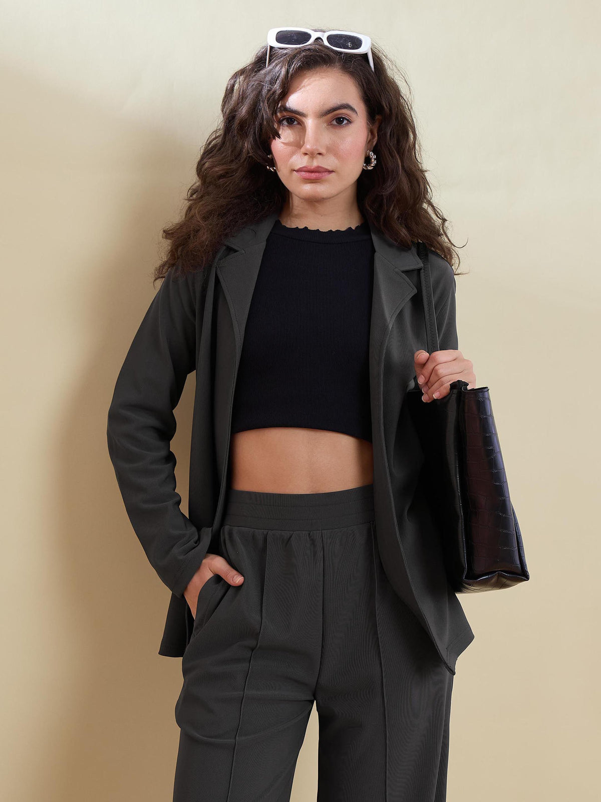 Grey Notch Collar Front Open Blazer With Pants-SASSAFRAS