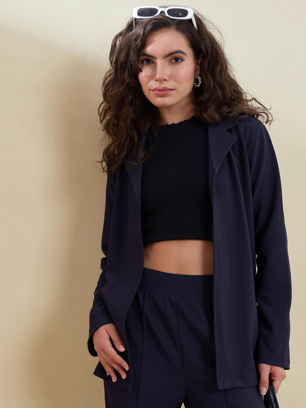 Navy Notch Collar Front Open Blazer With Pants-SASSAFRAS