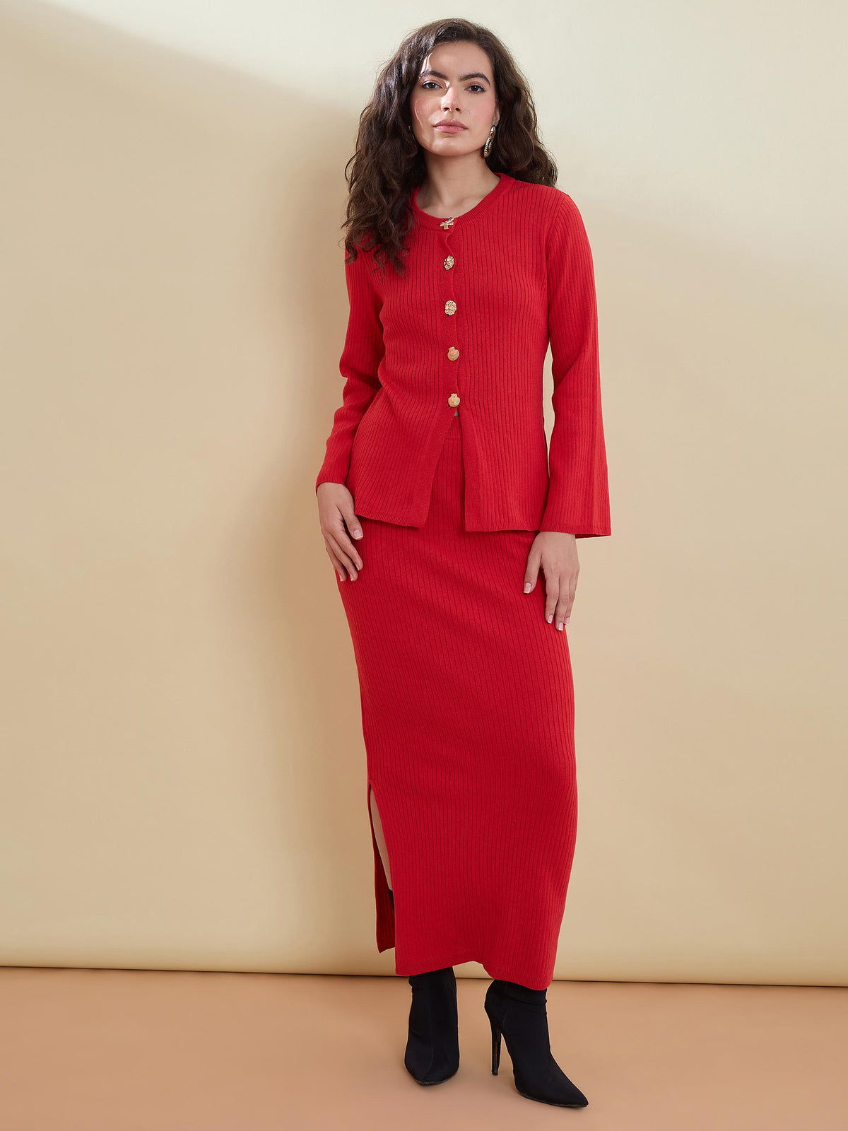 Red Knitted Front Button Top With Maxi Skirt -SASSAFRAS
