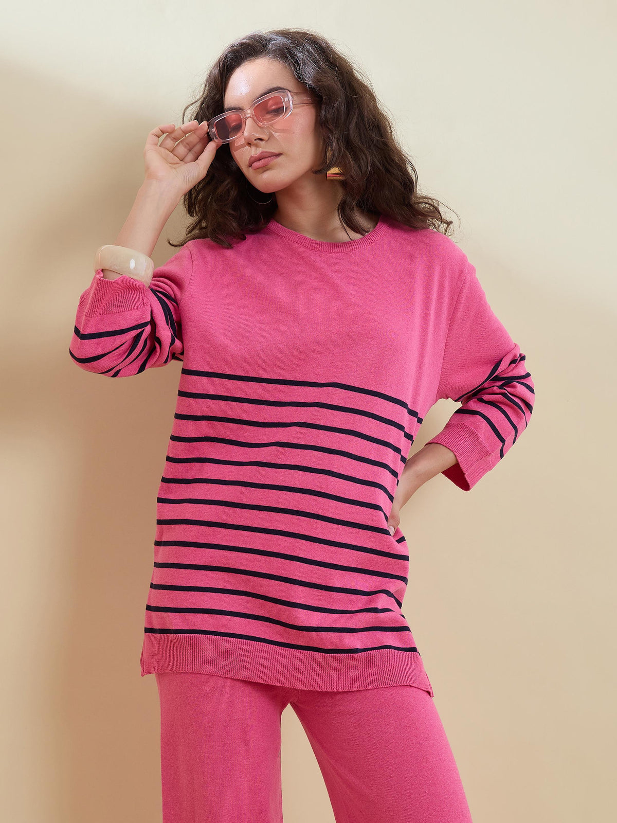 Pink & Navy Knitted Oversize Sweatshirt With Pants-SASSAFRAS