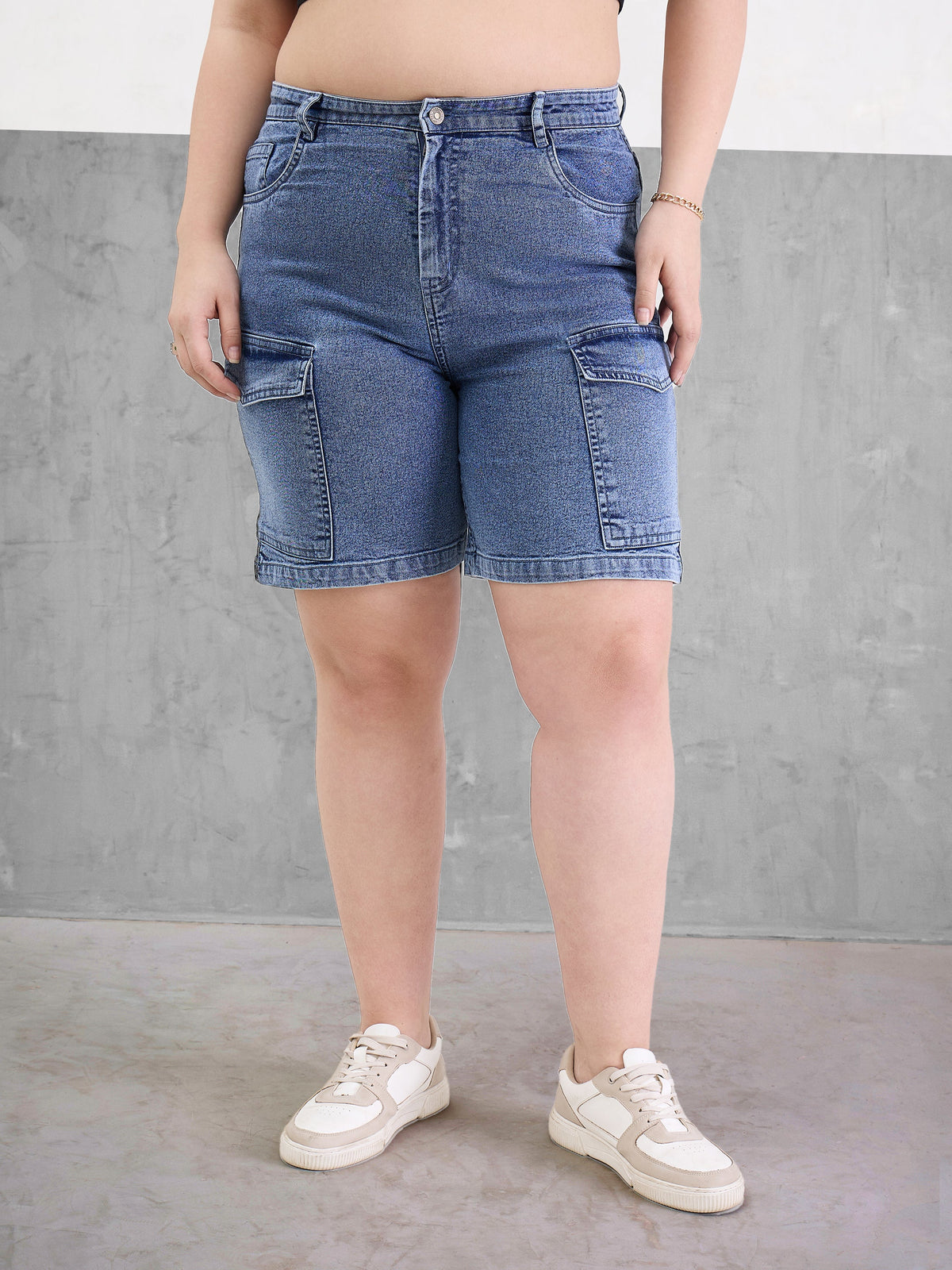 Ice Blue Denim Hem Pockets Bermuda Shorts-SASSAFRAS Curve
