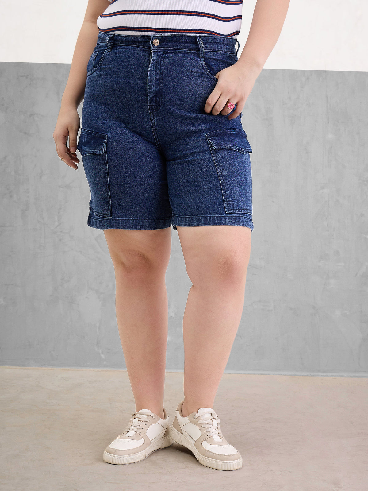 Navy Denim Hem Pockets Bermuda Shorts-SASSAFRAS Curve
