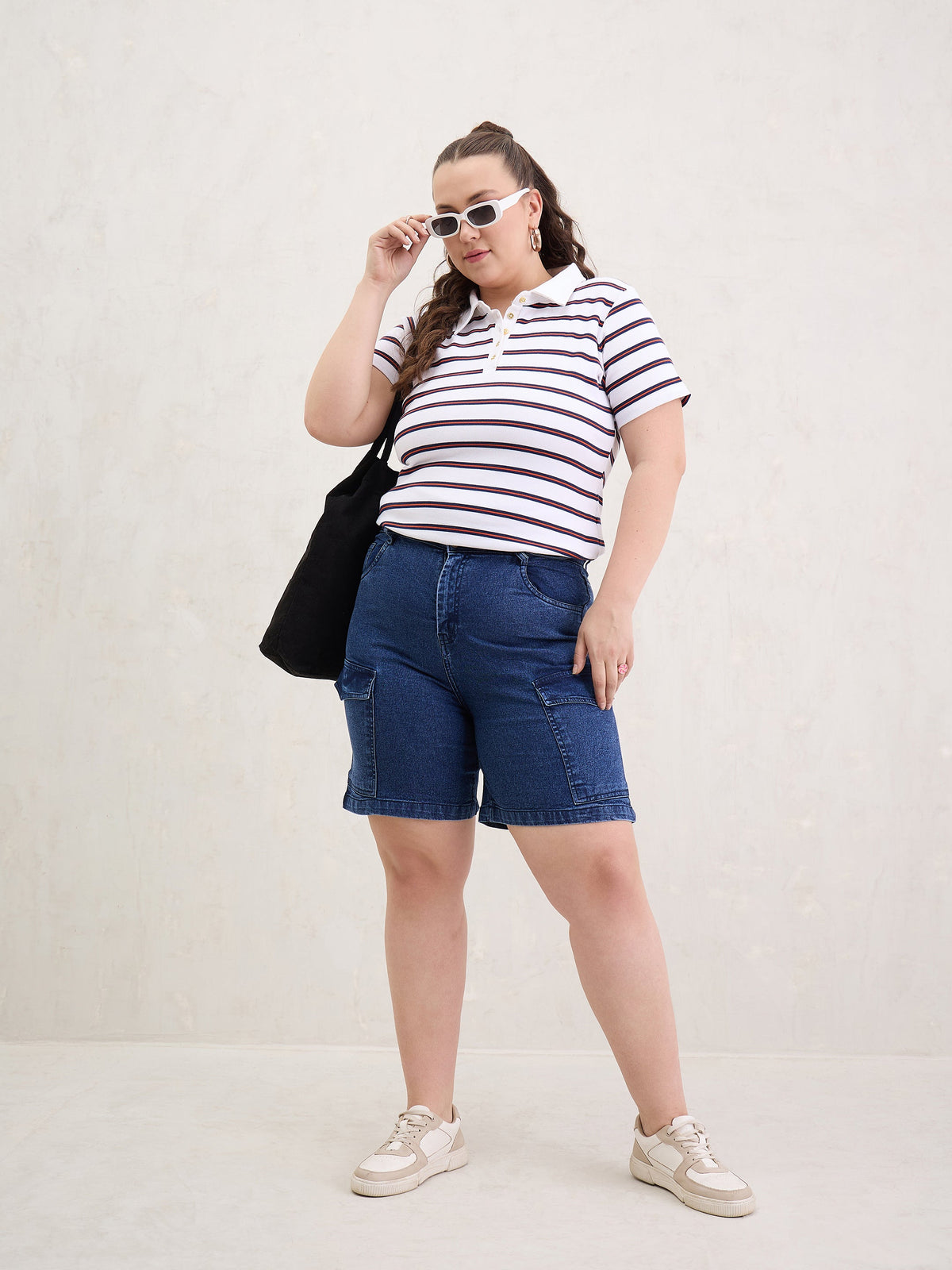 Navy Denim Hem Pockets Bermuda Shorts-SASSAFRAS Curve
