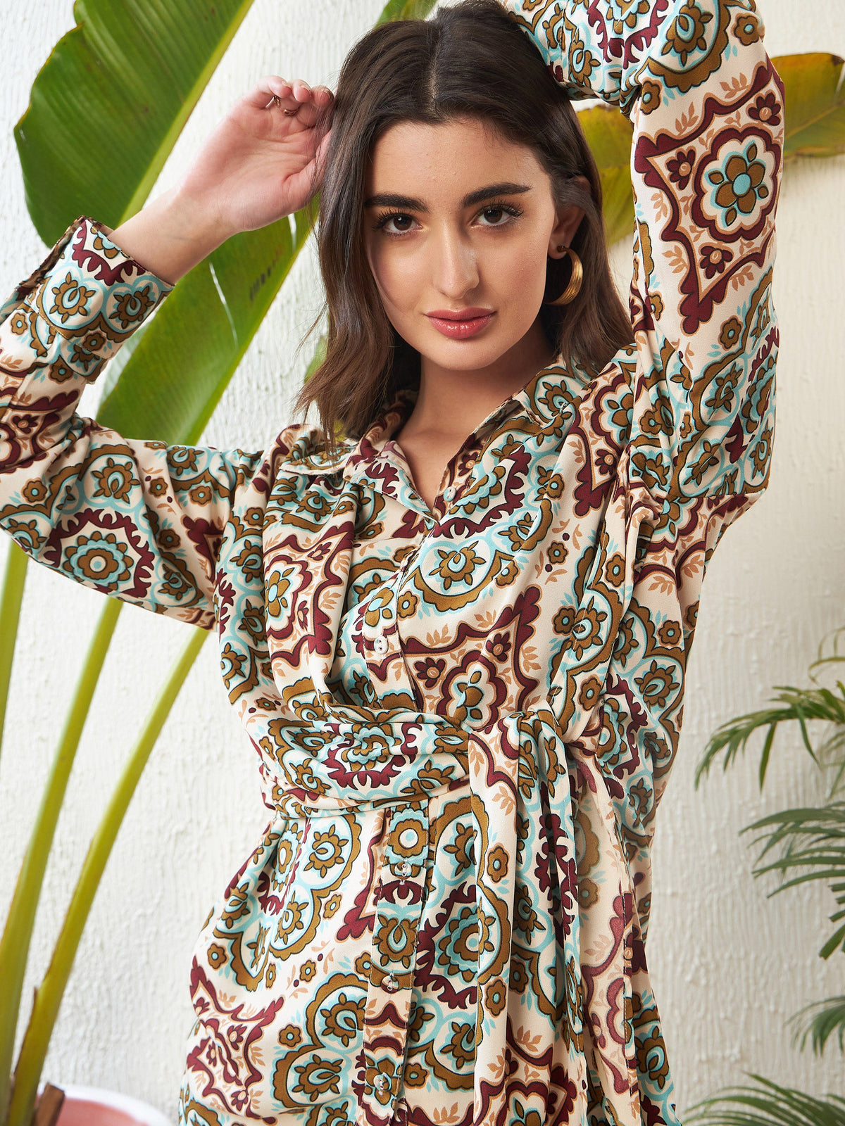 Beige Ethnic Motif Tie-Waist Shirt-SASSAFRAS
