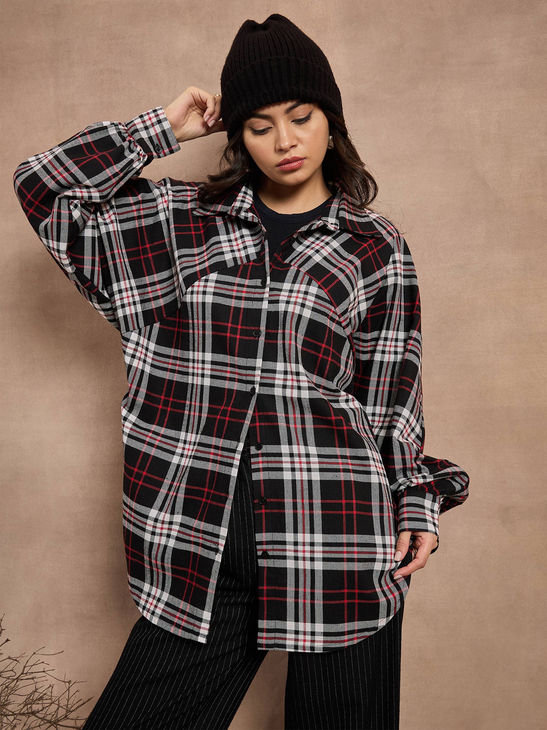 Women Black White Checked Oversized Shirt 2025