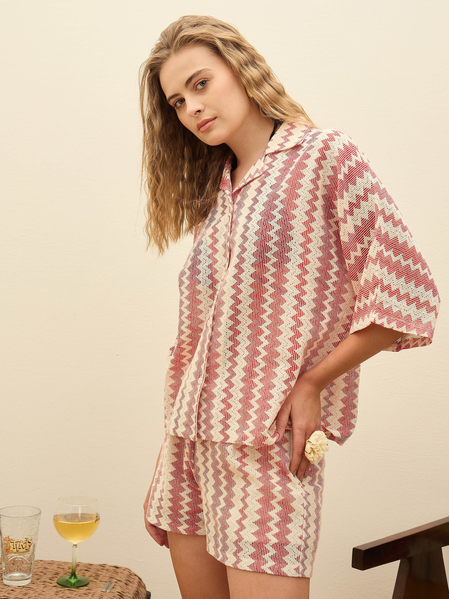 Red & Beige Chevron Stripe Oversized Shirt-SFSHRT20598