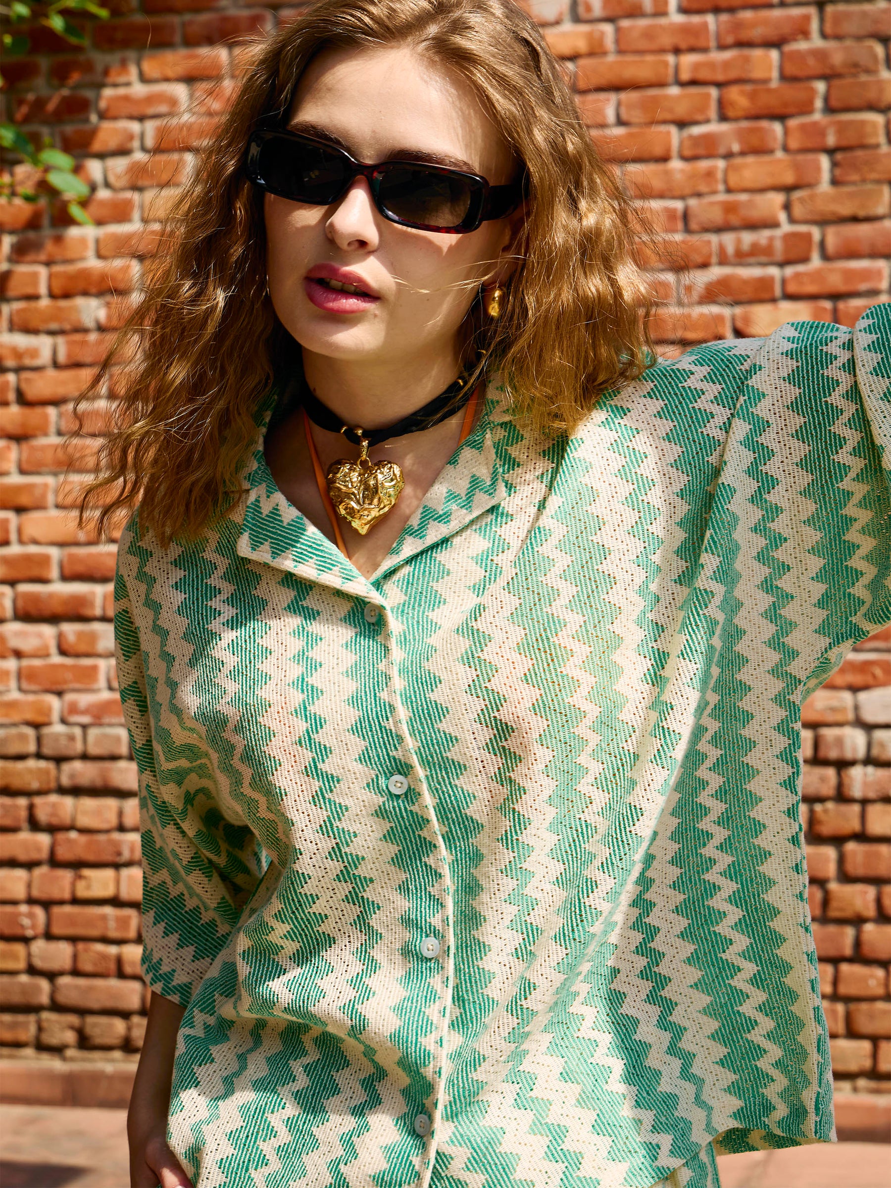 Green & Beige Chevron Stripe Oversized Shirt With Shorts-SASSAFRAS