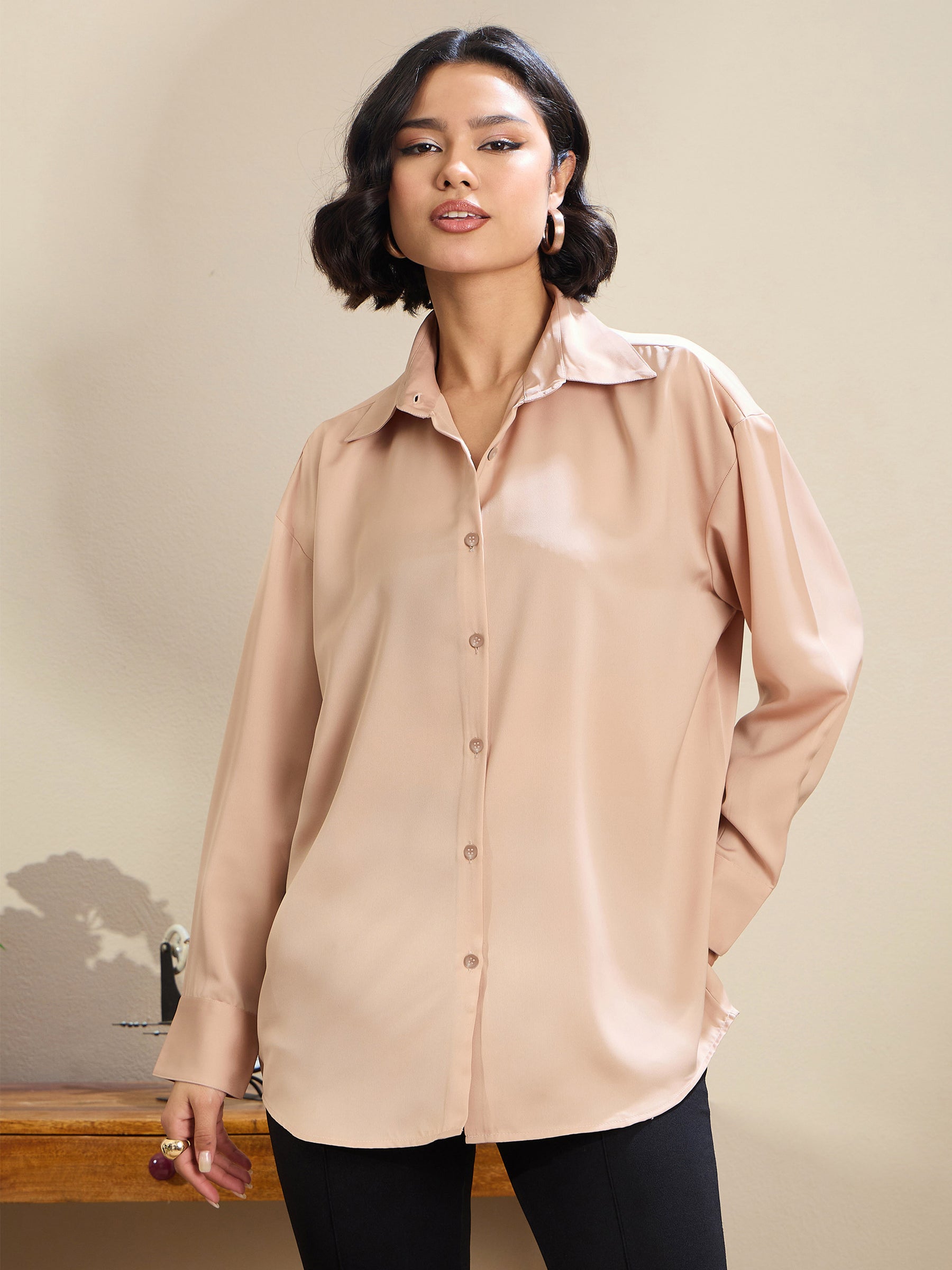 Women Beige Satin Oversized Curved Hem Shirt