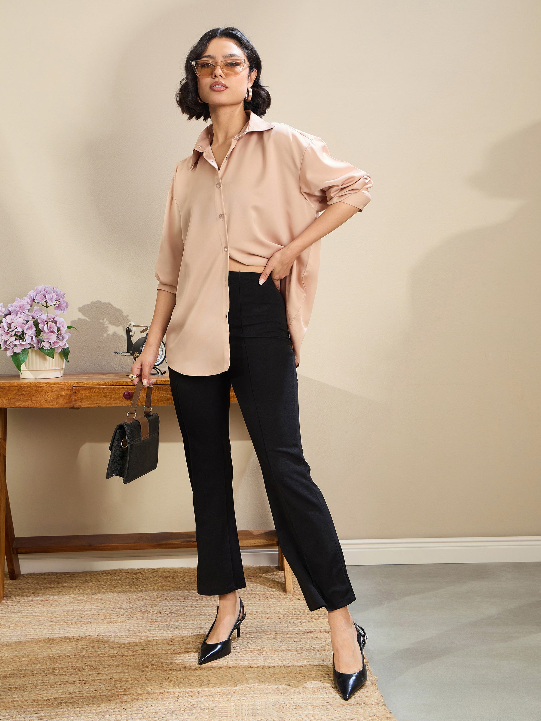 Women Beige Satin Oversized Curved Hem Shirt