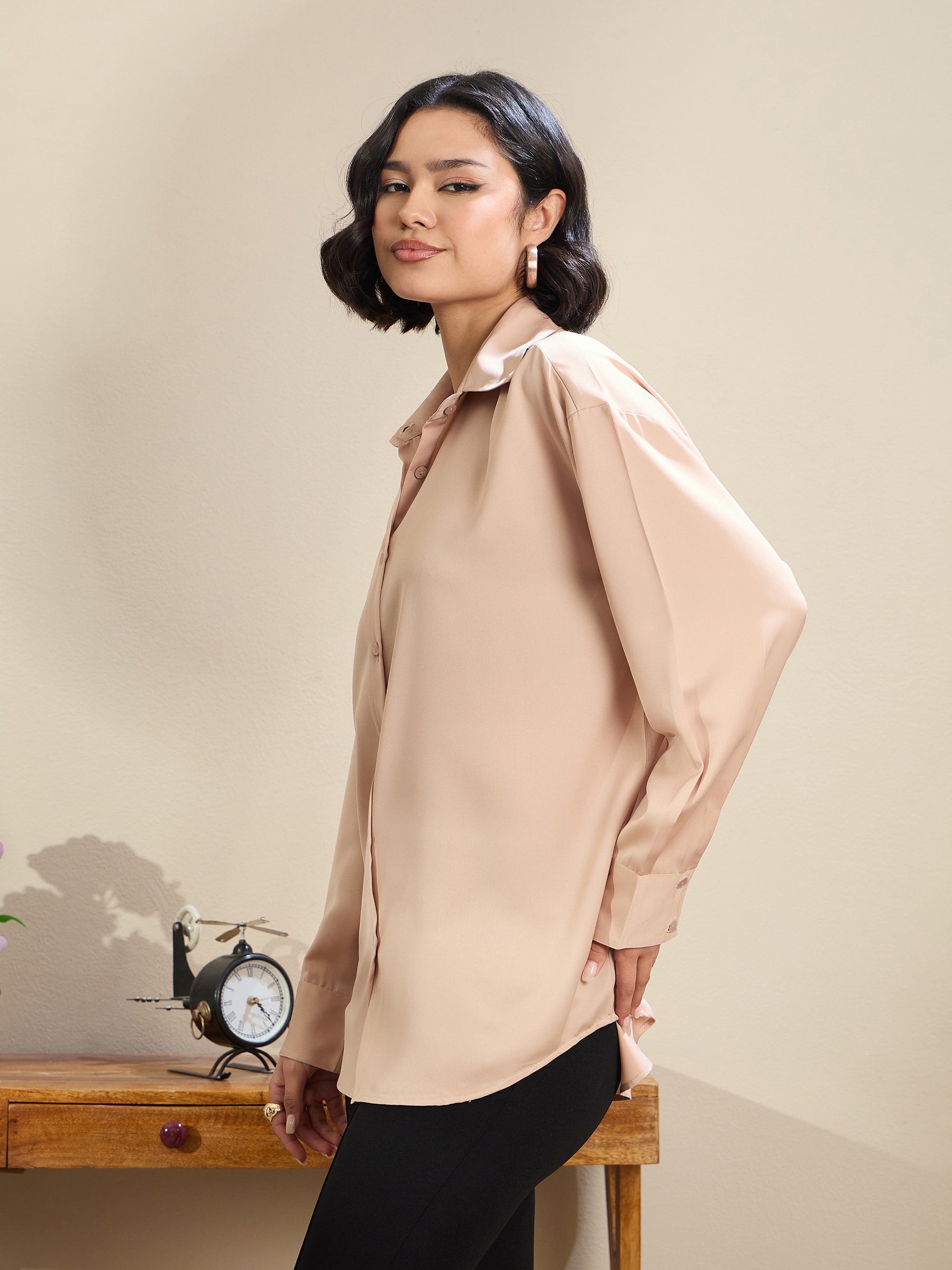 Women Beige Satin Oversized Curved Hem Shirt