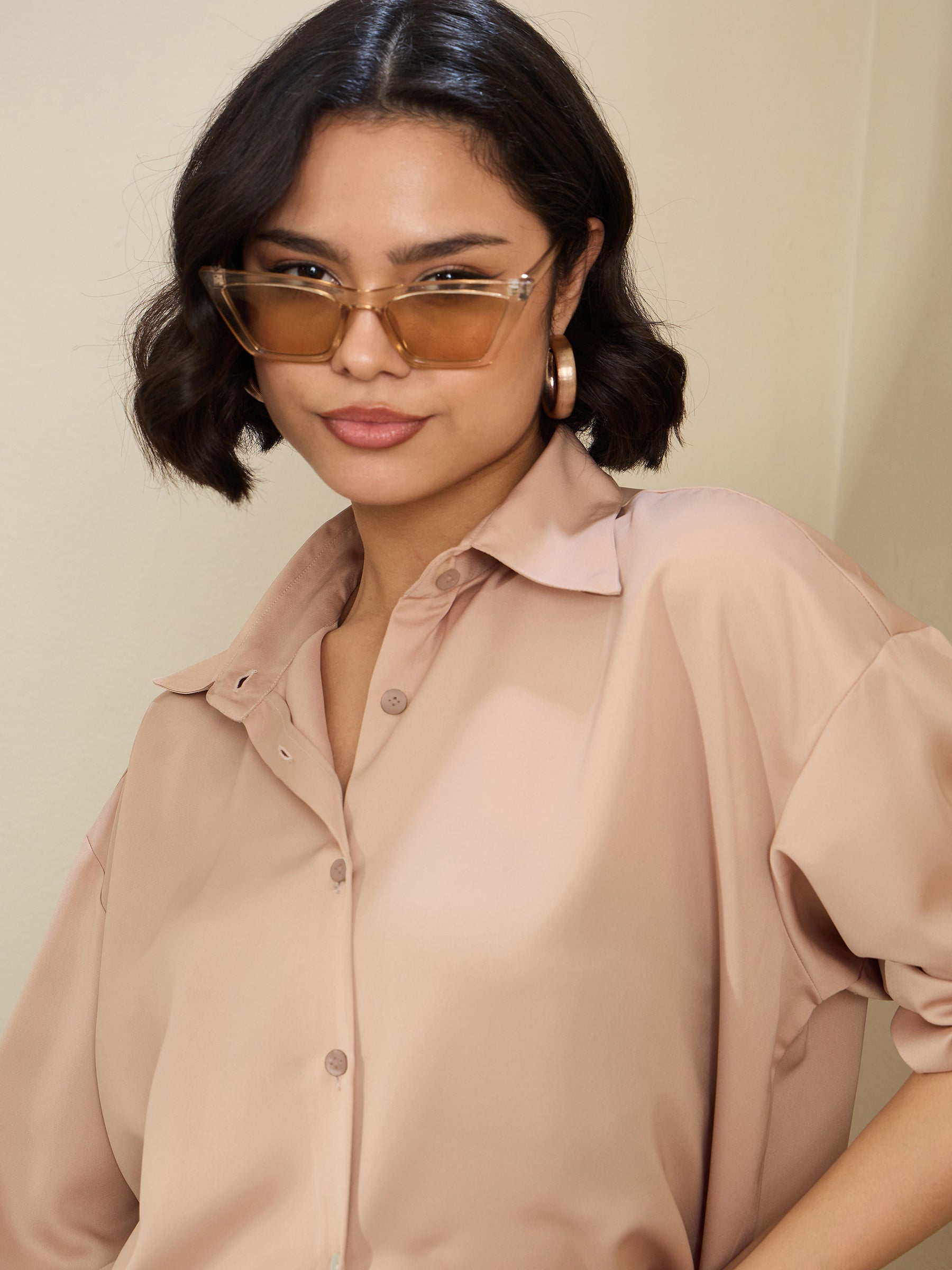 Women Beige Satin Oversized Curved Hem Shirt