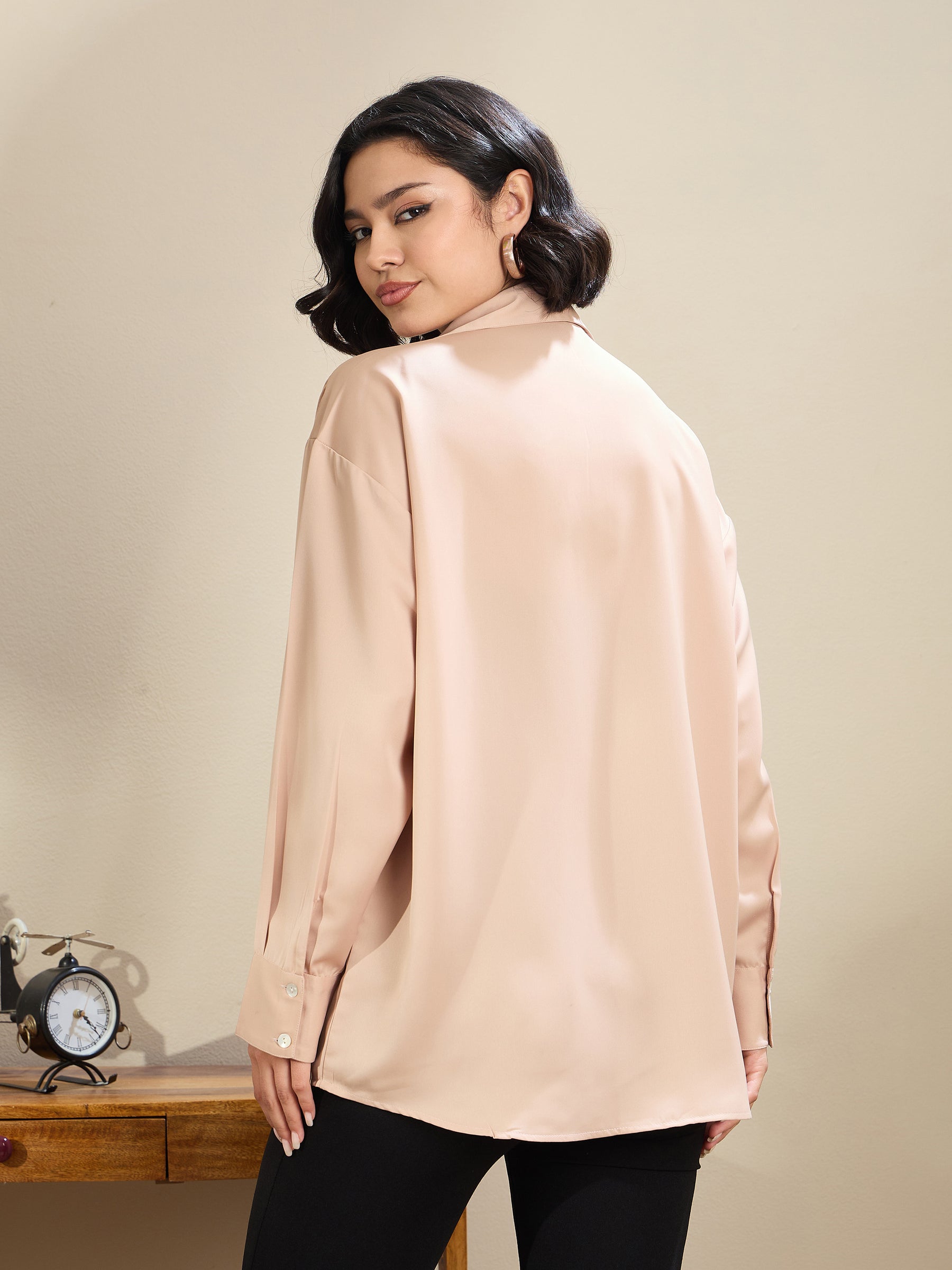 Women Beige Satin Oversized Curved Hem Shirt