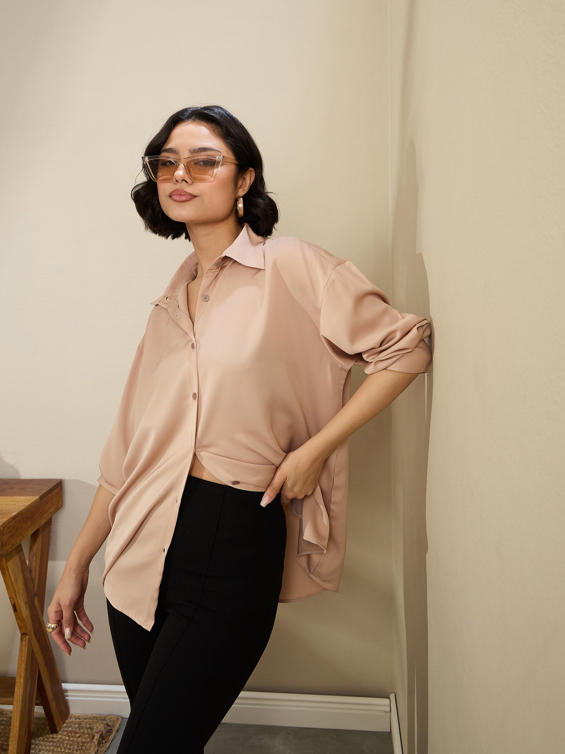 Women Beige Satin Oversized Curved Hem Shirt