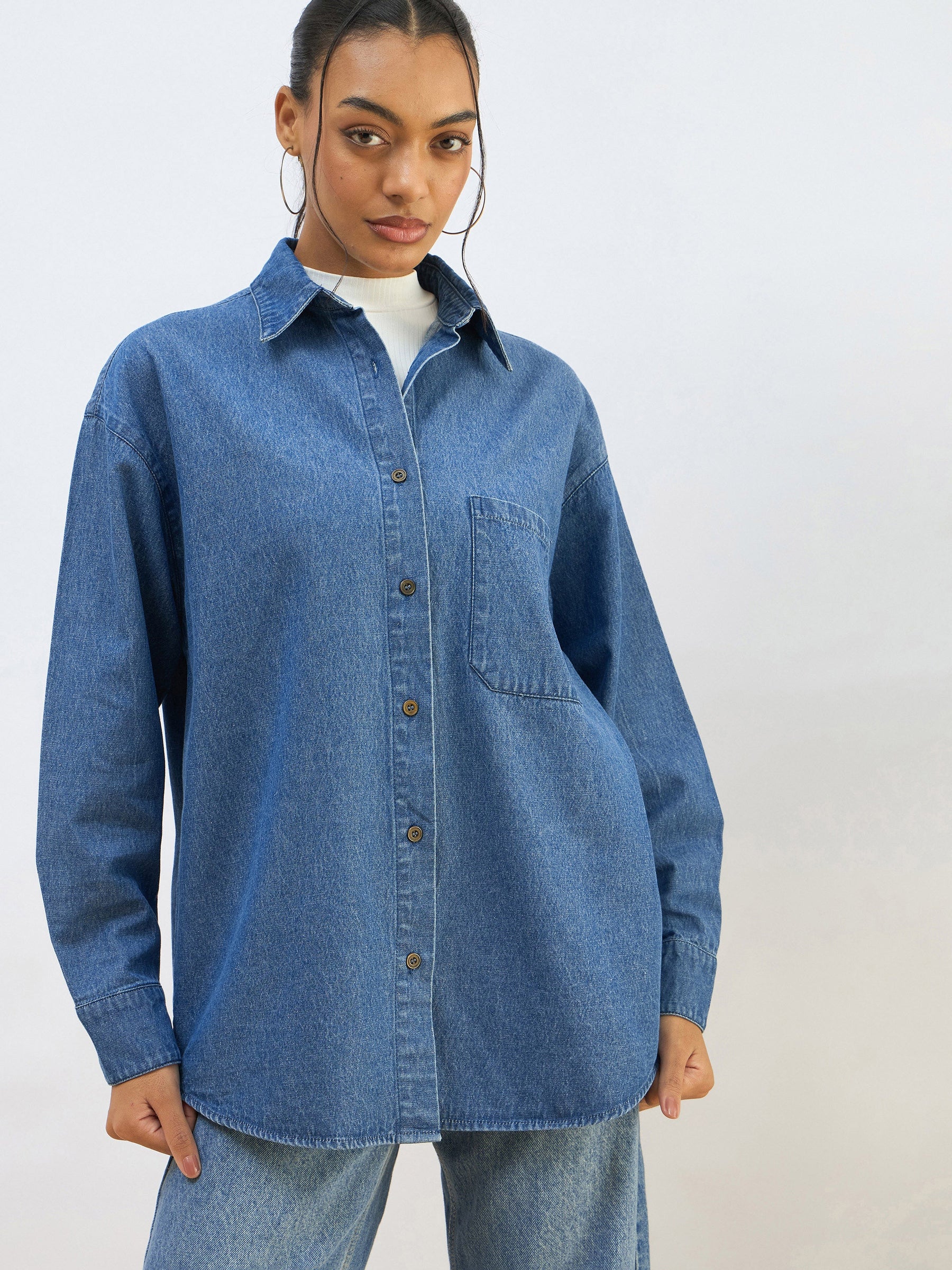 Blue Washed Denim Oversized Shirt-SASSAFRAS BASICS