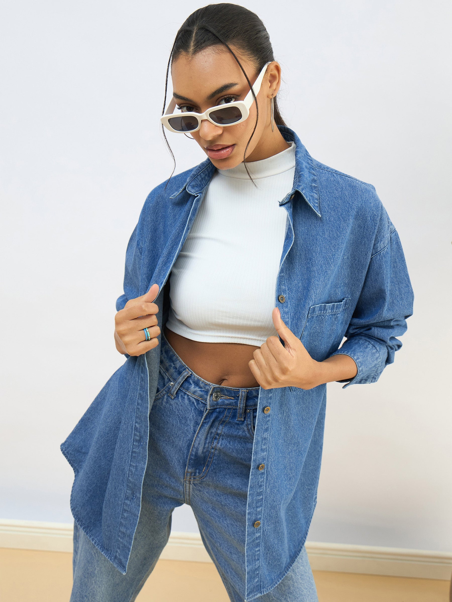 Blue Washed Denim Oversized Shirt-SASSAFRAS BASICS
