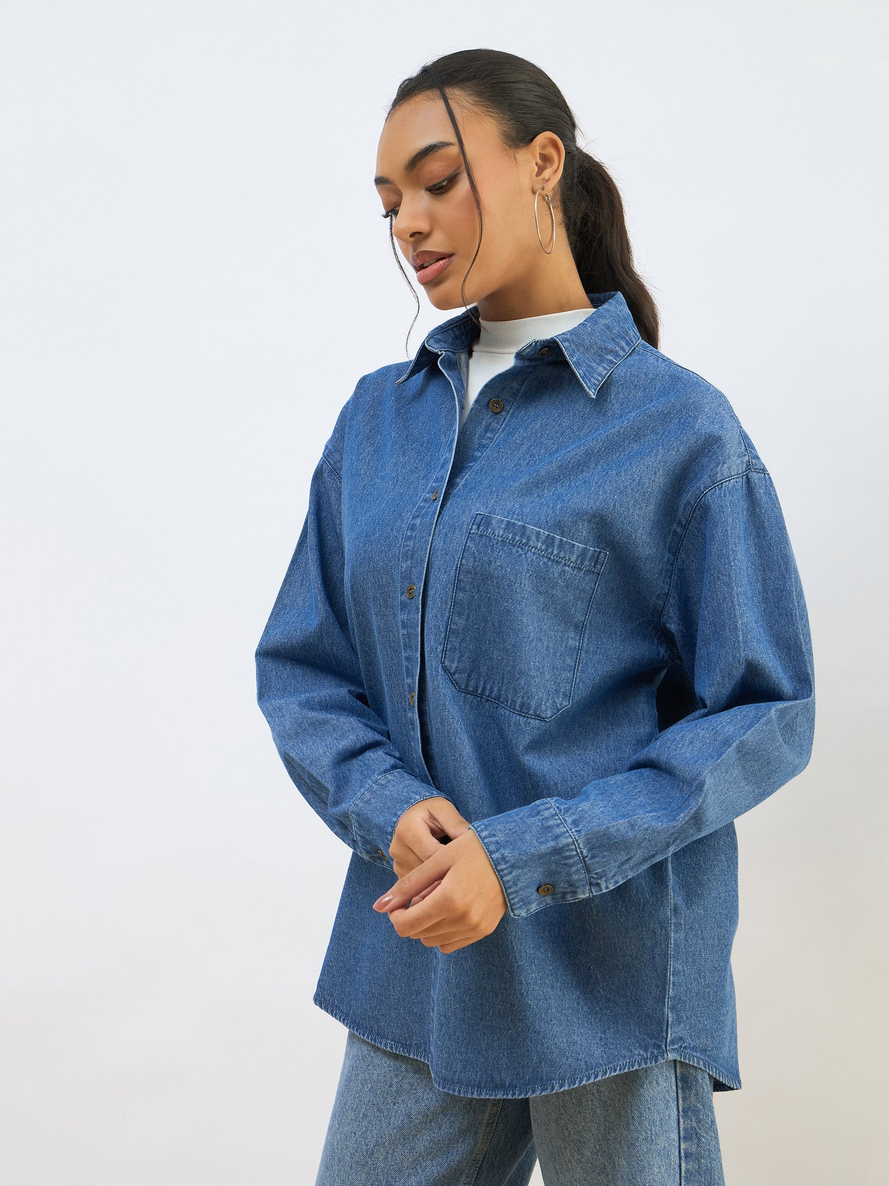 Blue Washed Denim Oversized Shirt-SASSAFRAS BASICS