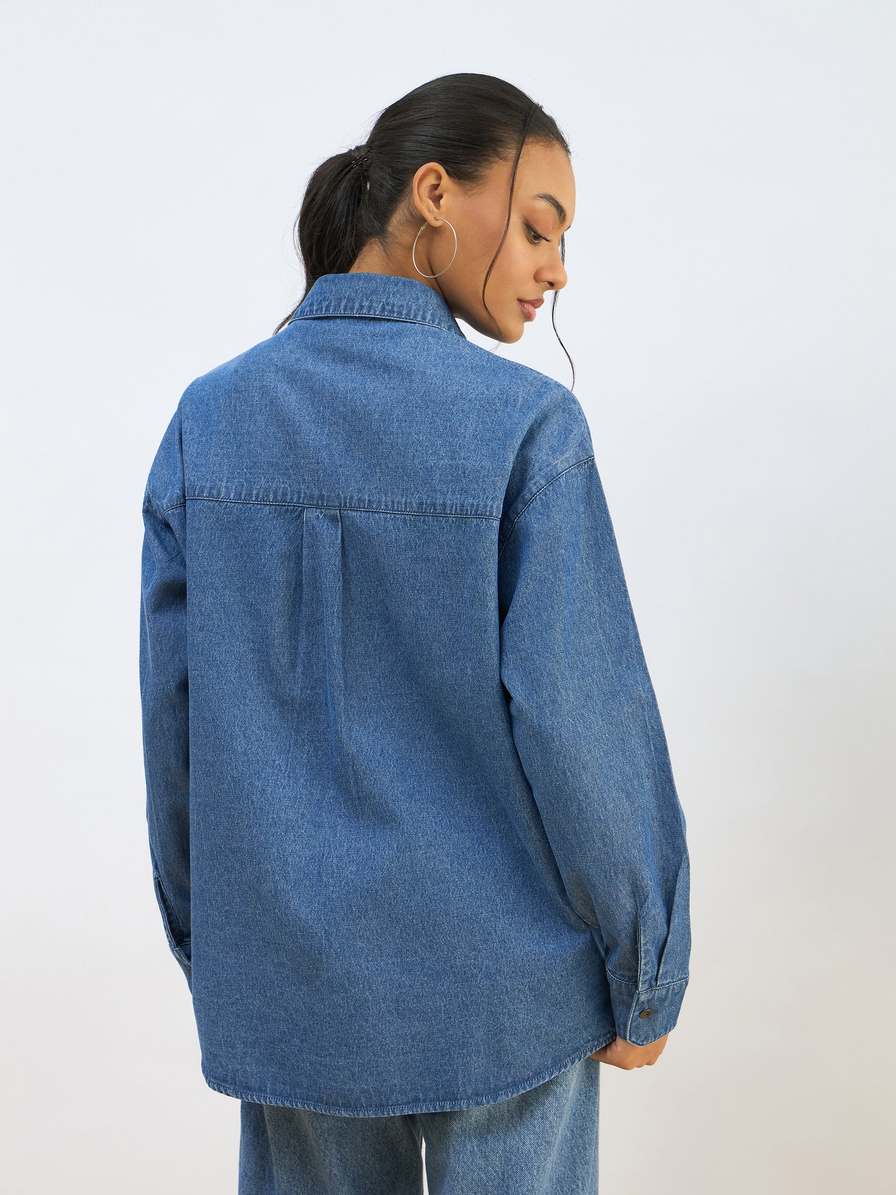 Blue Washed Denim Oversized Shirt-SASSAFRAS BASICS