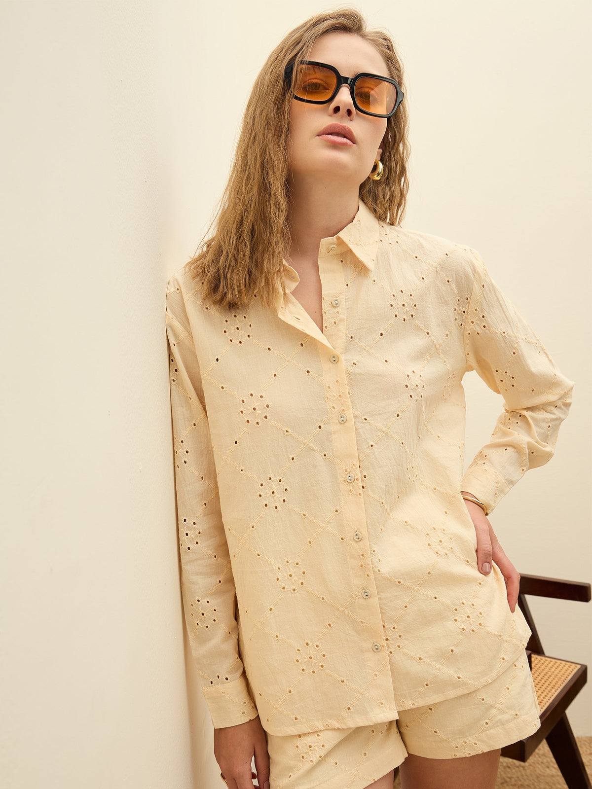 Ecru Schiffli Full Sleeve Regular Shirt-SASSAFRAS