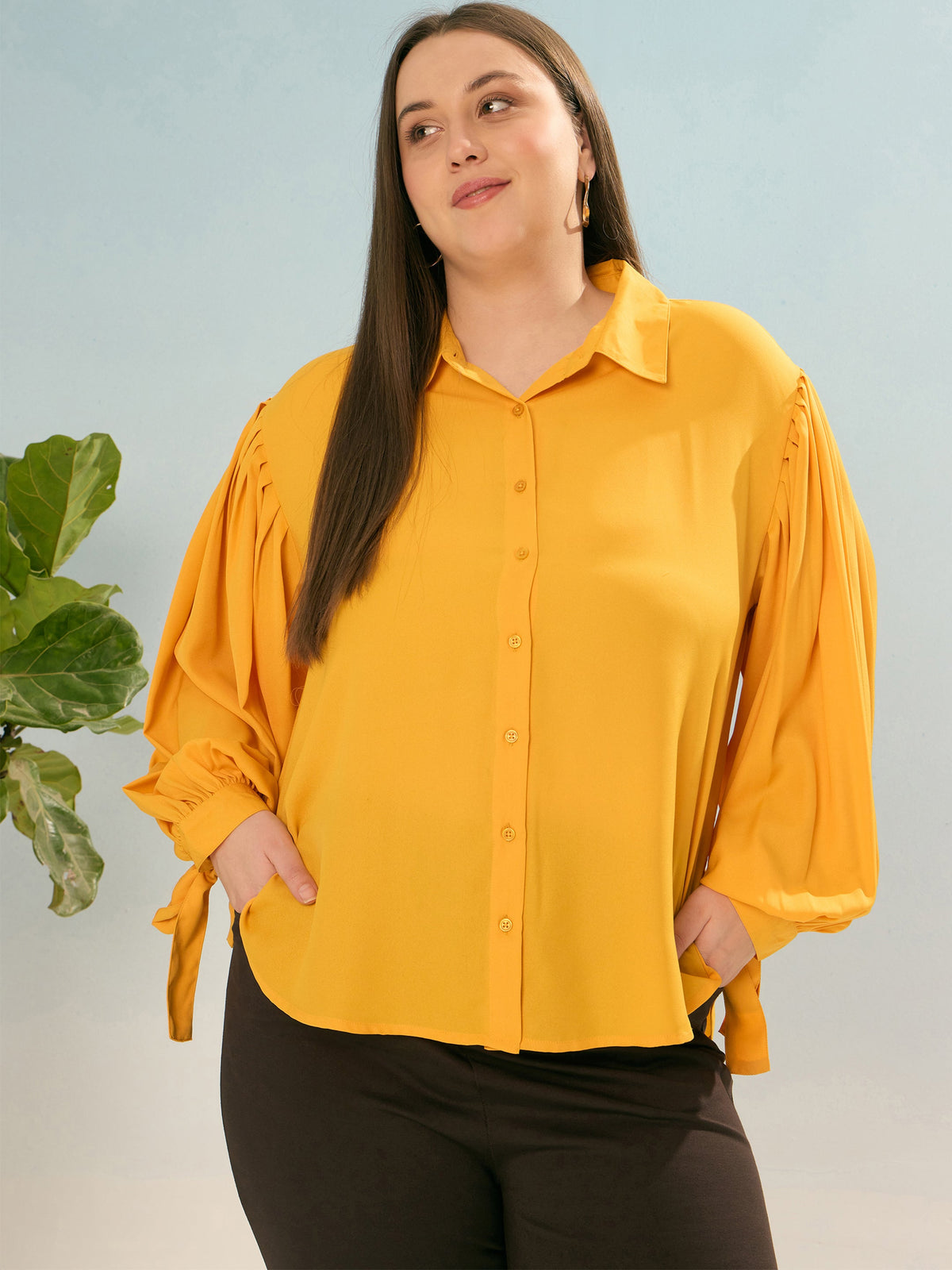 Mustard Sleeve Knot Collar Shirt -SASSAFRAS Curve