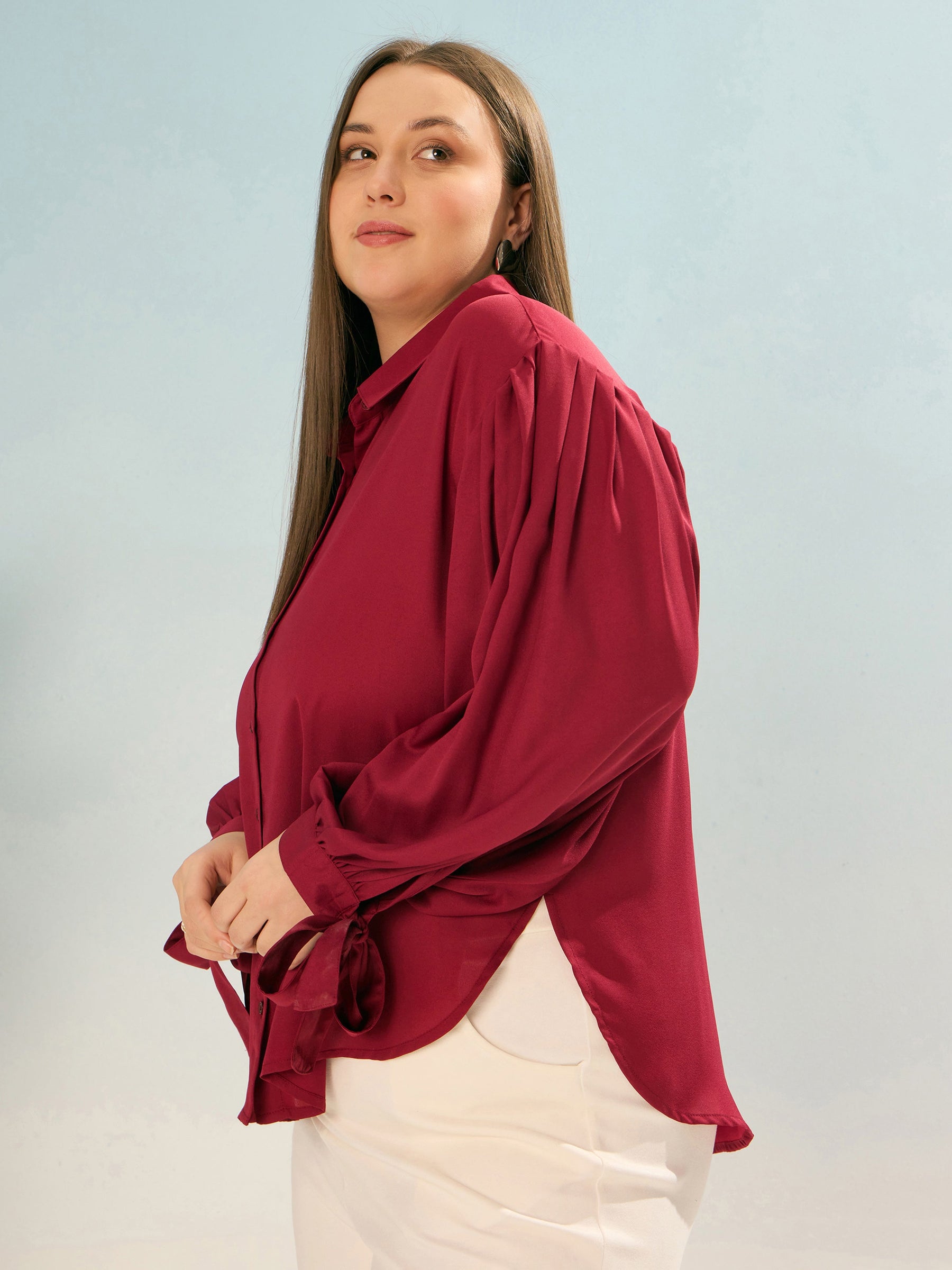 Maroon Sleeve Knot Collar Shirt -SASSAFRAS Curve