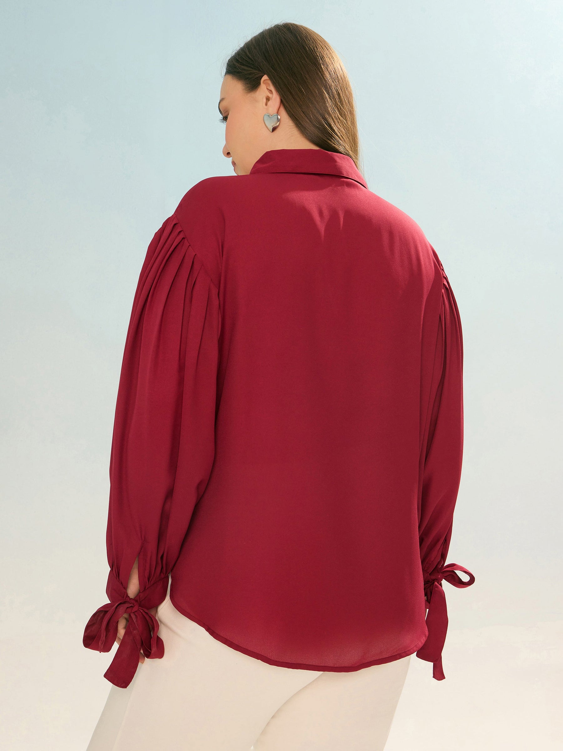 Maroon Sleeve Knot Collar Shirt -SASSAFRAS Curve