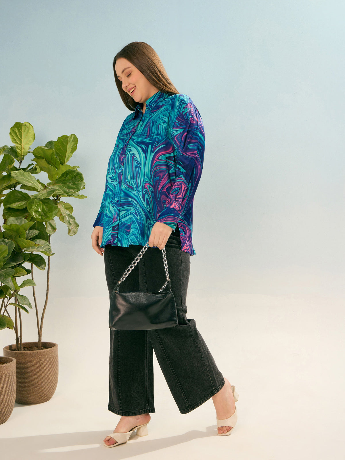 Blue Printed Regular Satin Shirt -SASSAFRAS Curve