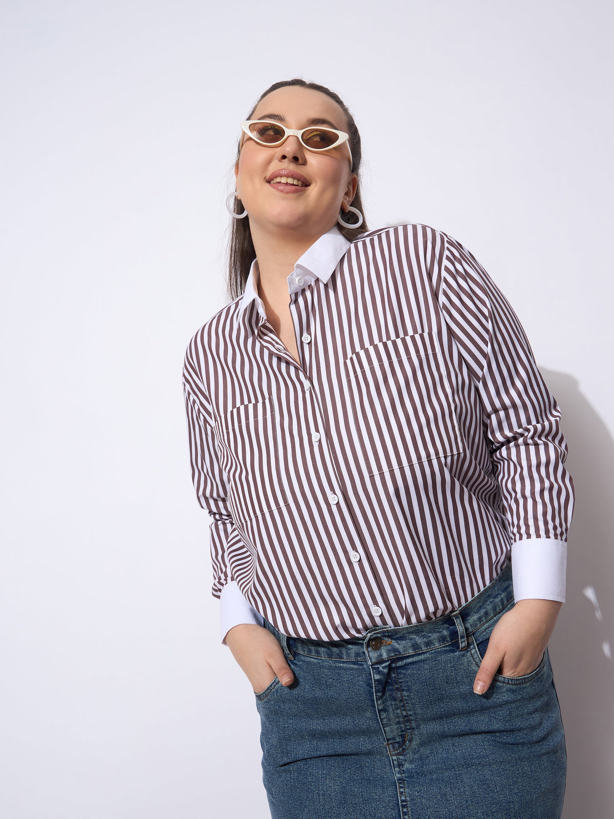 Dark Brown Stripes Poplin Contrast Detail Shirt -SASSAFRAS Curve