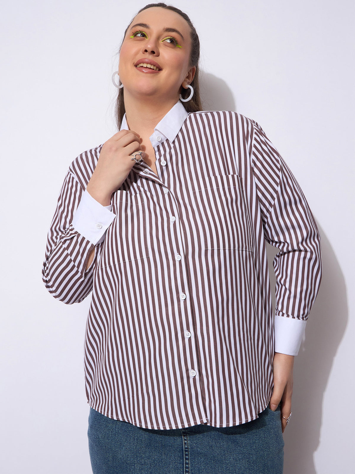 Dark Brown Stripes Poplin Contrast Detail Shirt -SASSAFRAS Curve