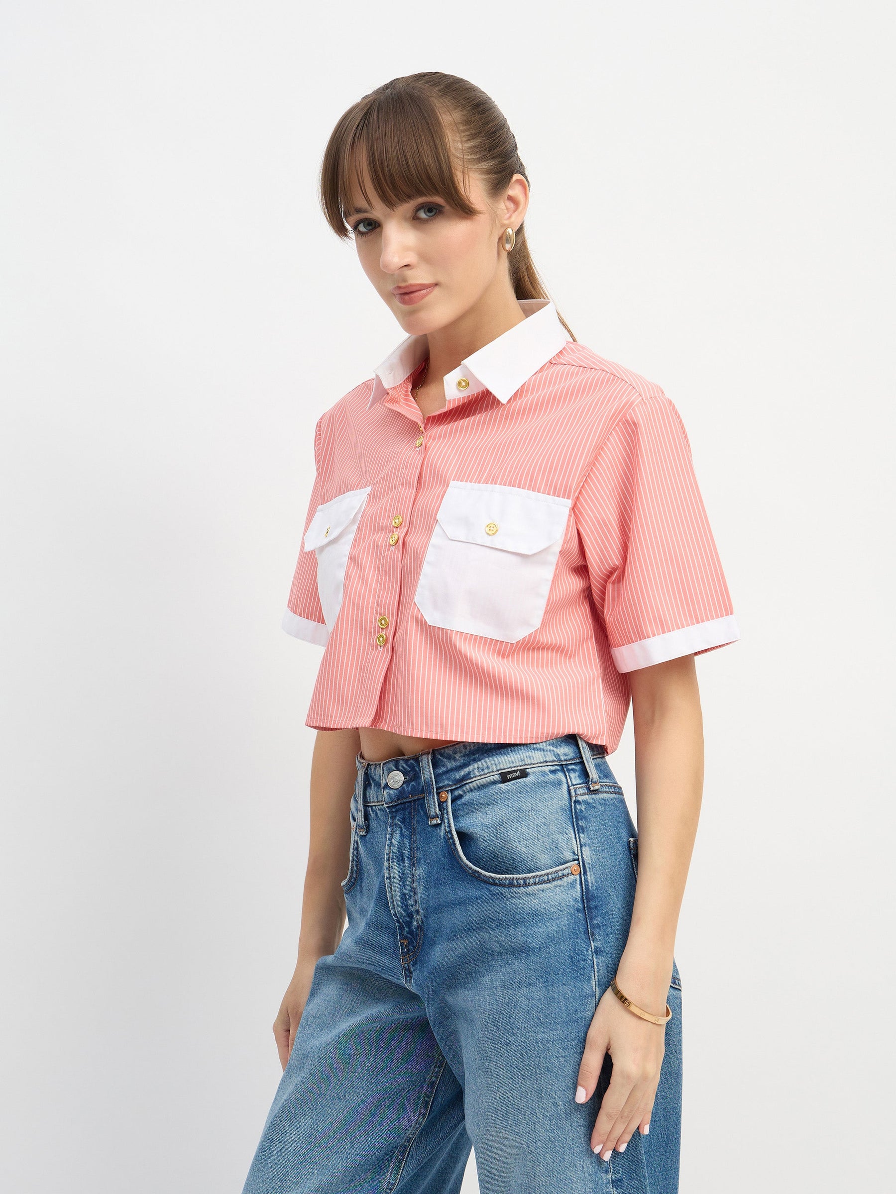 Red & White Stripes Crop Shirt-SASSAFRAS