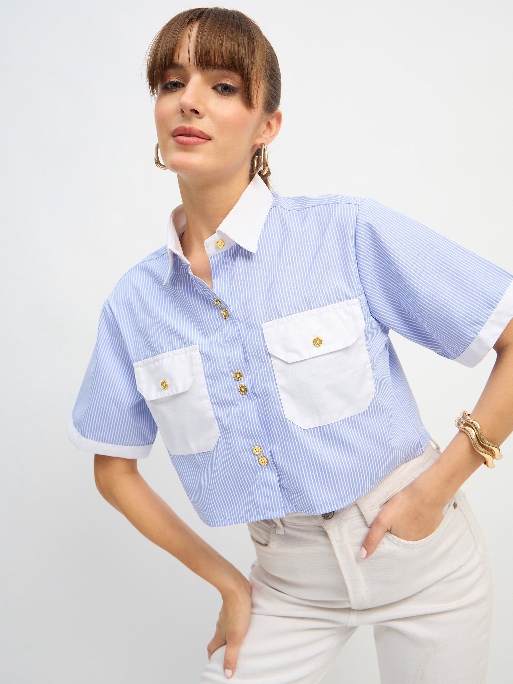 Blue & White Stripes Crop Shirt-SASSAFRAS