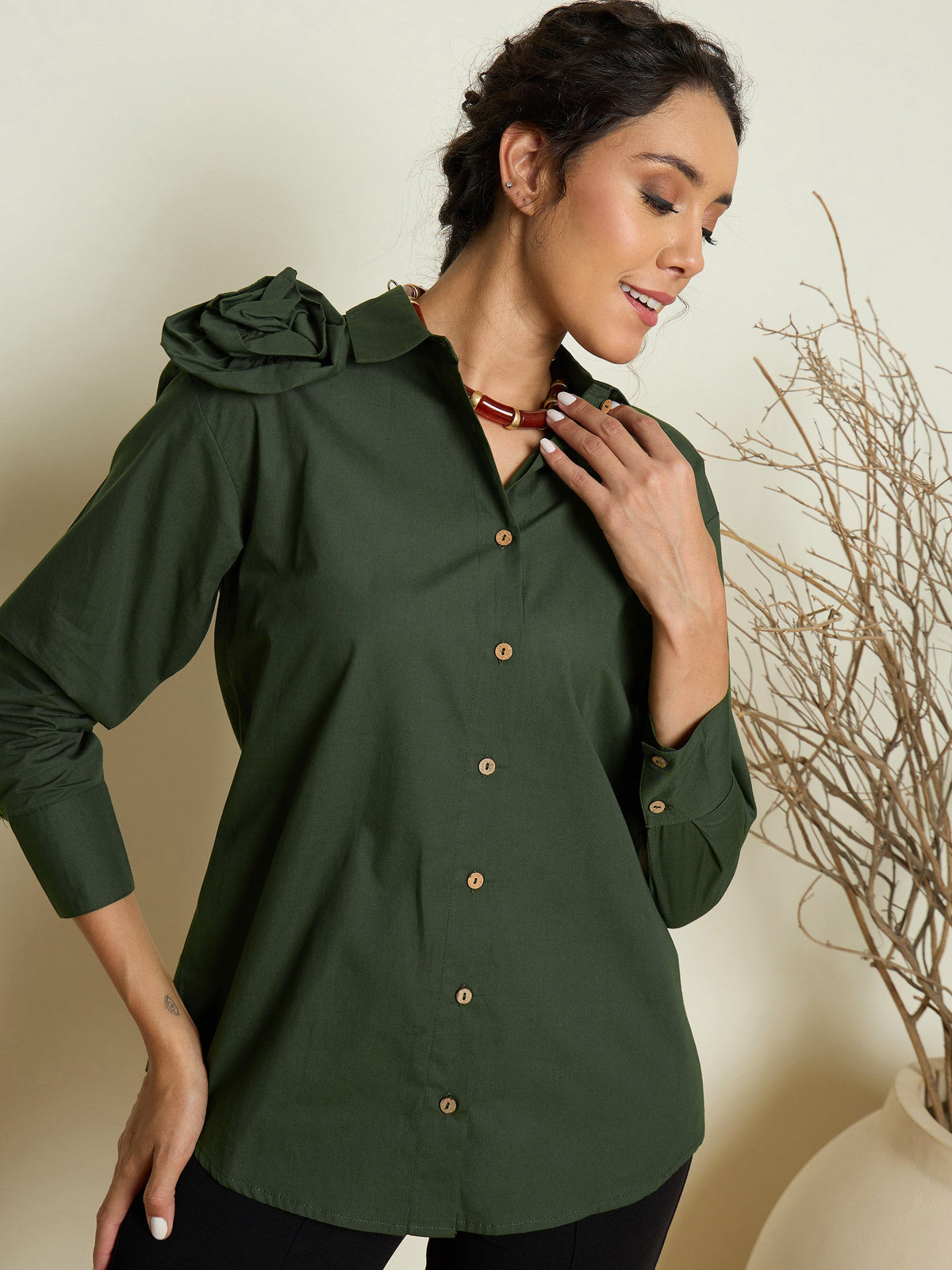 Olive Poplin Shoulder Corsage Regular Shirt-Pink Paprika By SASSAFRAS