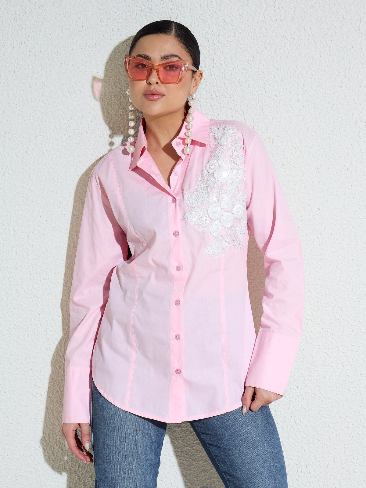 Pink Embellished Lace Patch Slim Fit Shirt -SASSAFRAS