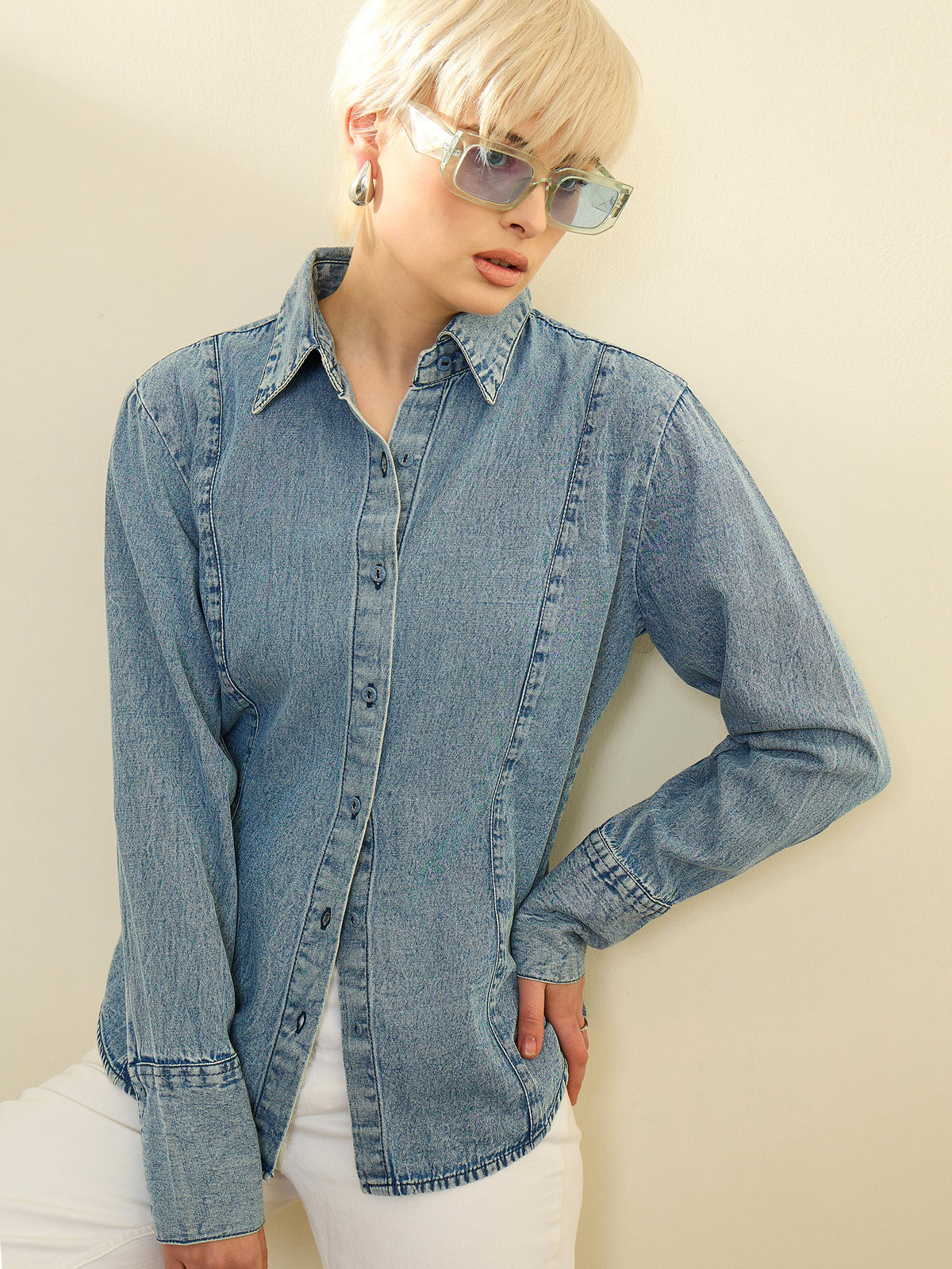 Blue Denim Acid Wash Slim Fit Shirt -SASSAFRAS