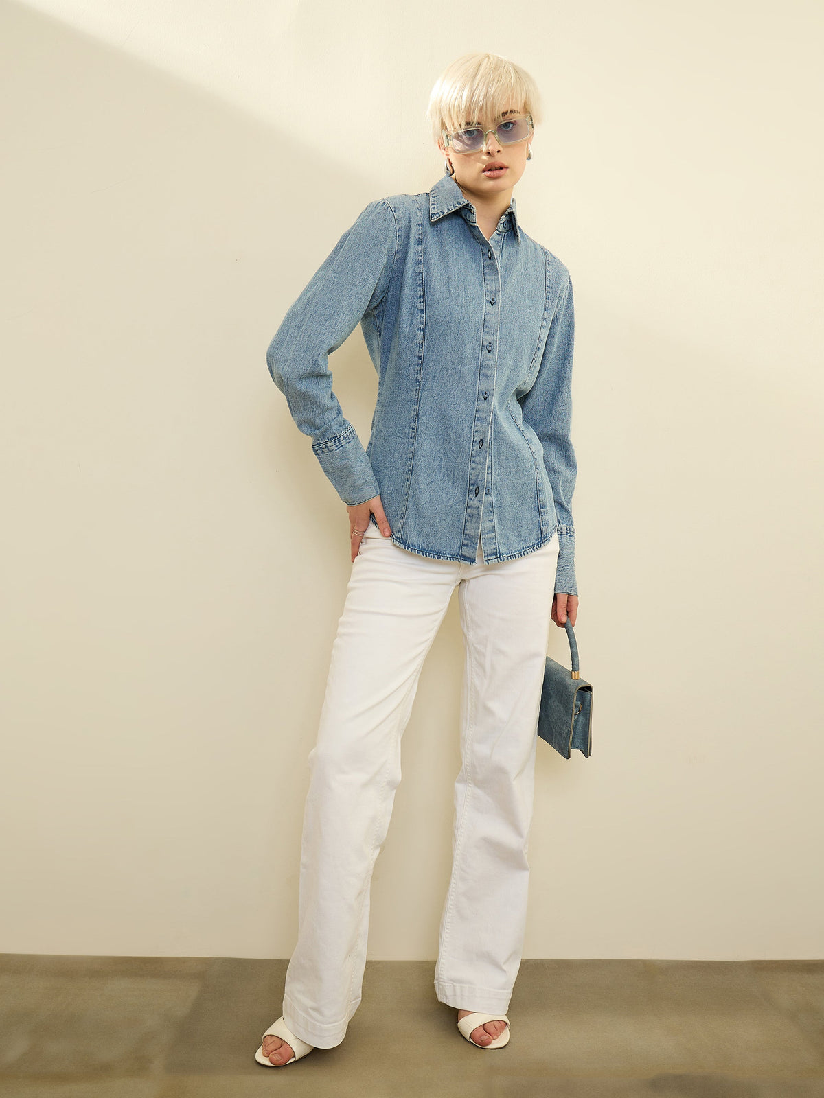 Blue Denim Acid Wash Slim Fit Shirt -SASSAFRAS