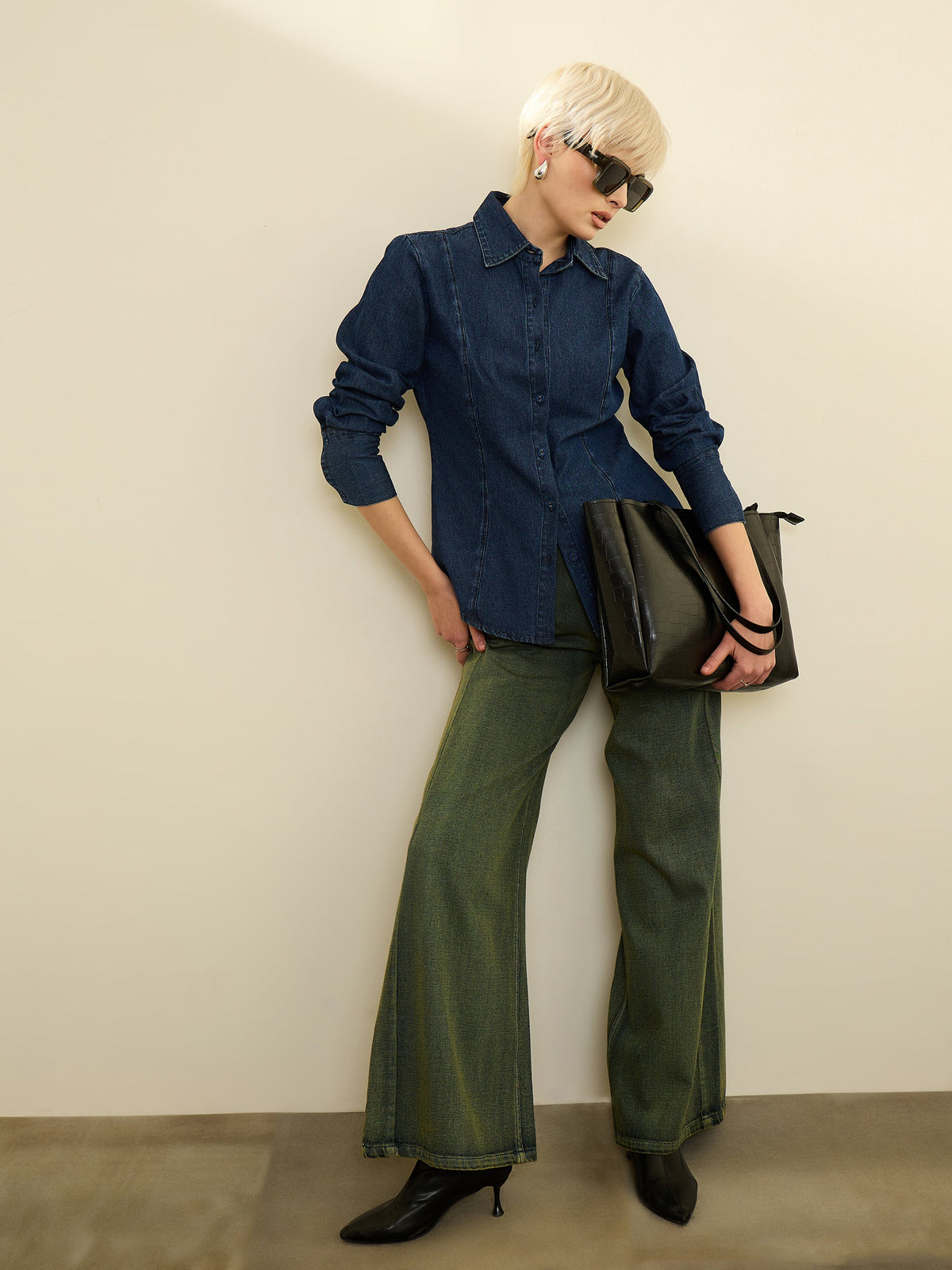 Navy Blue Denim Wash Slim Fit Shirt -SASSAFRAS