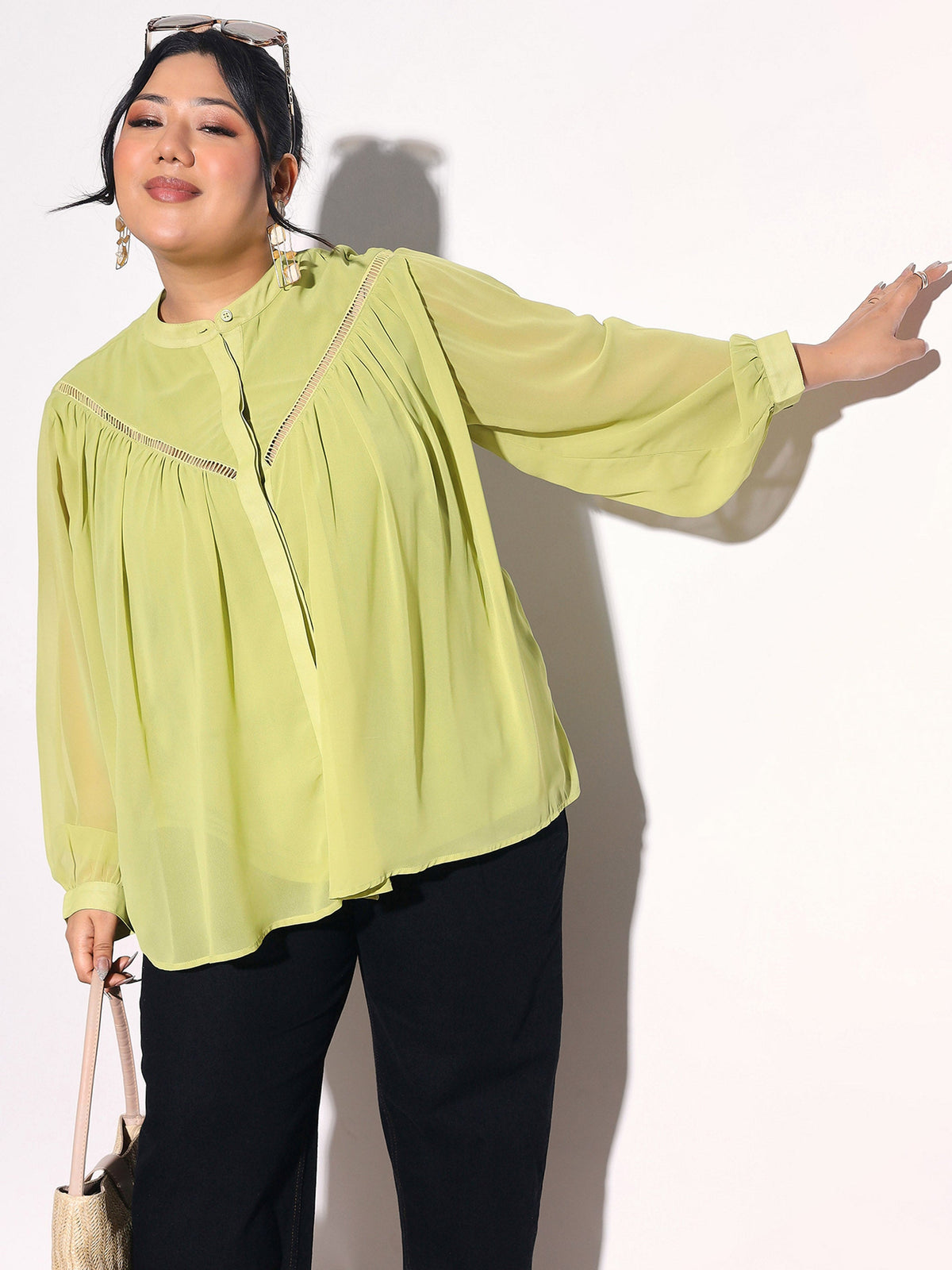 Green Solid Front Gathered Lace Shirt -SASSAFRAS Curve