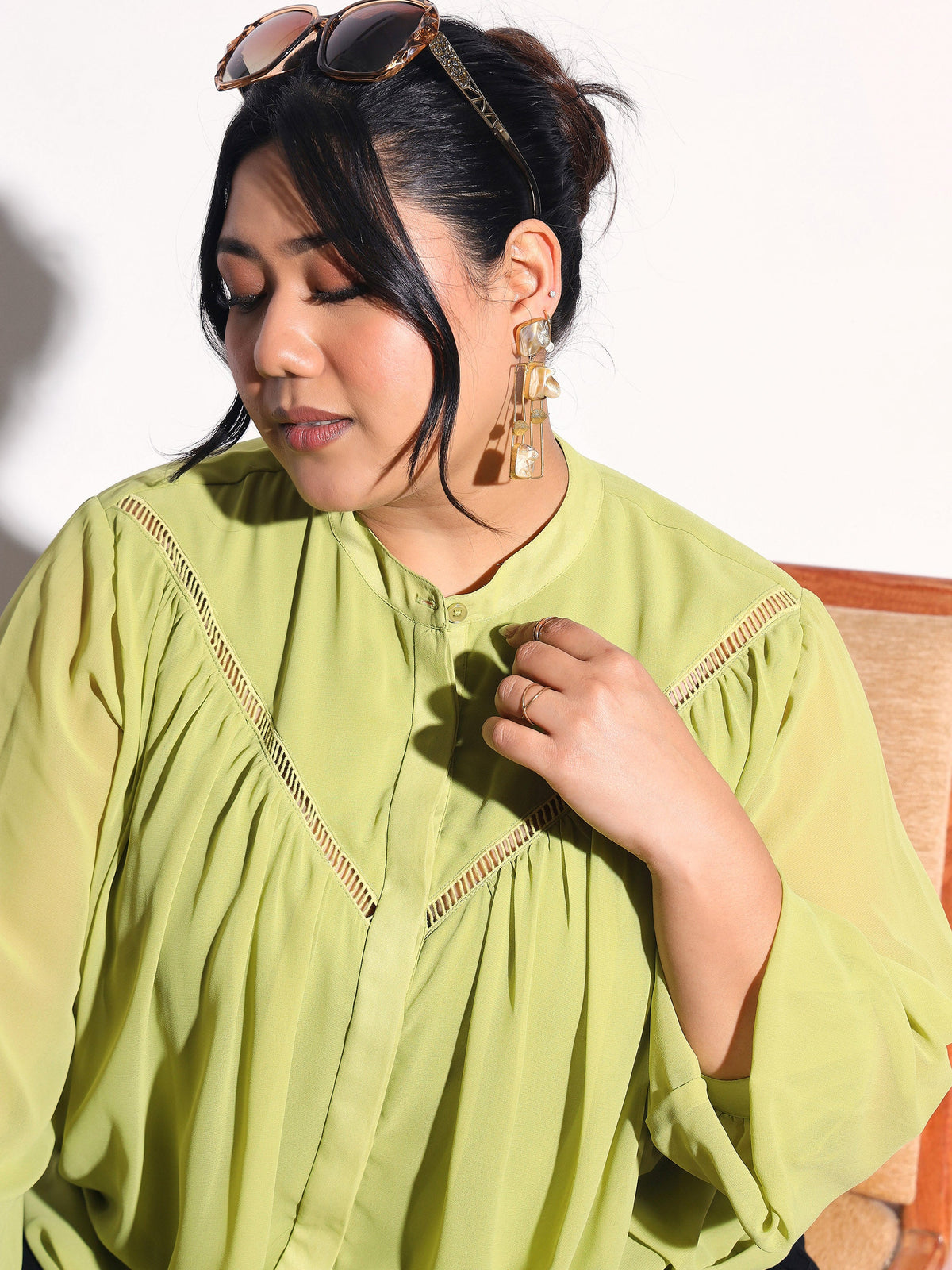 Green Solid Front Gathered Lace Shirt -SASSAFRAS Curve