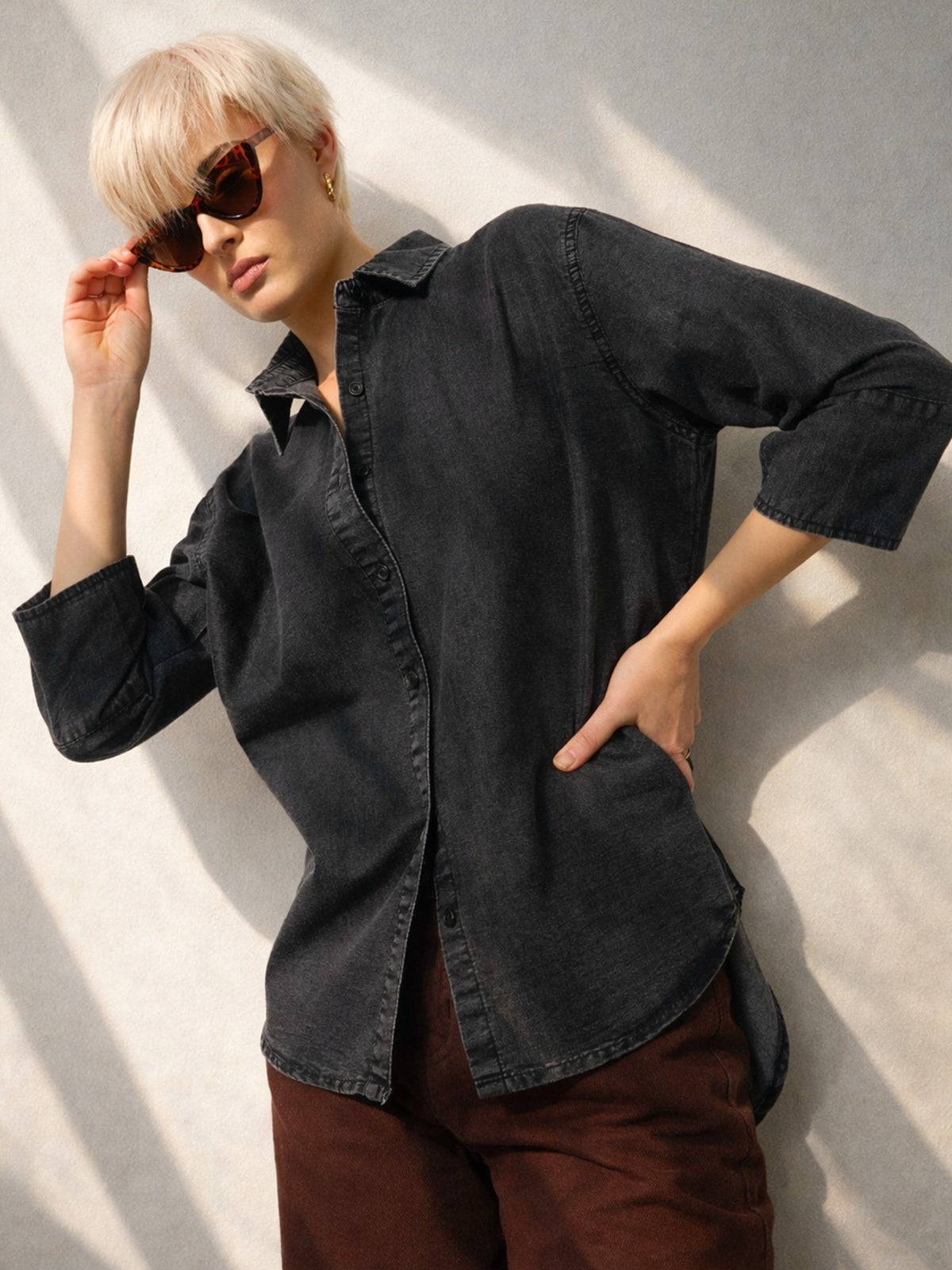 Black Wash Tencel High-Low Oversized Shirt-SASSAFRAS BASICS