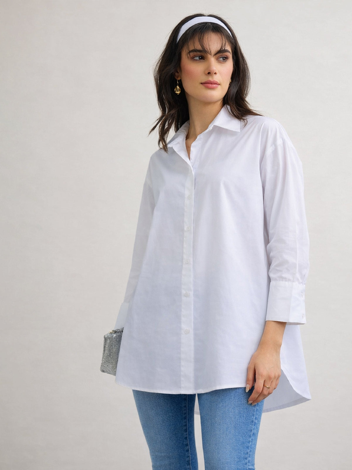 White High-Low Oversized Boxy Poplin Shirt-SASSAFRAS BASICS
