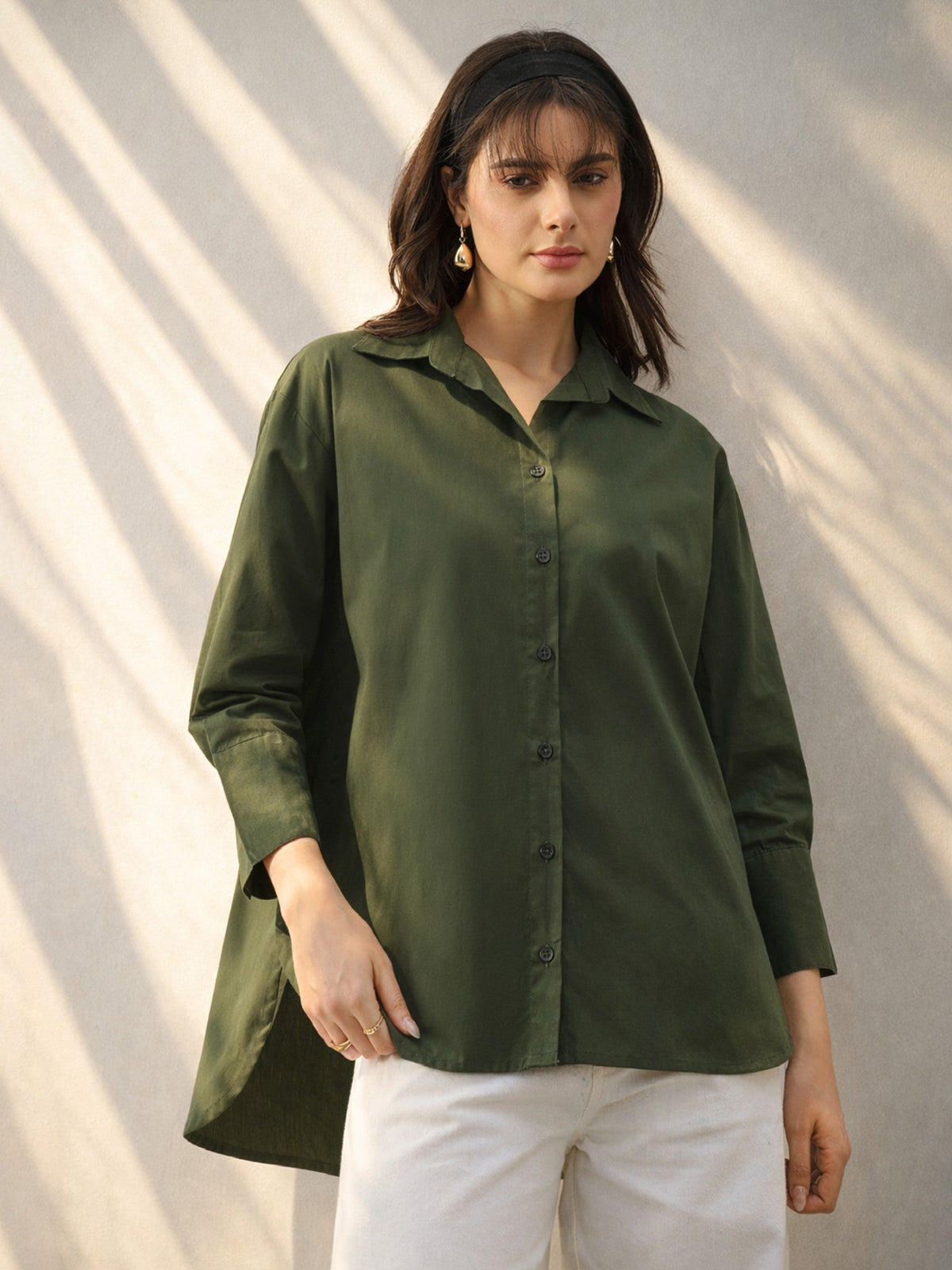 Olive Heigh low Oversized Boxy Poplin Shirt-SASSAFRAS BASICS