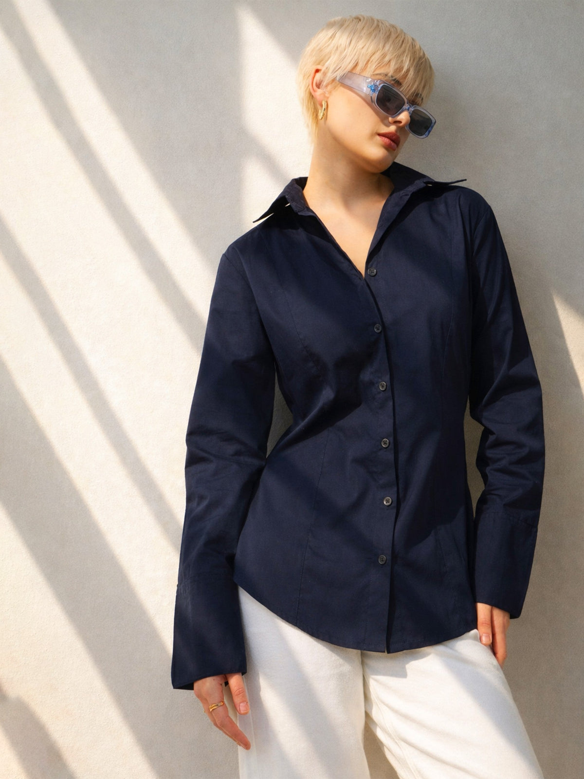 Navy Slim Fit Poplin Shirt-SASSAFRAS BASICS