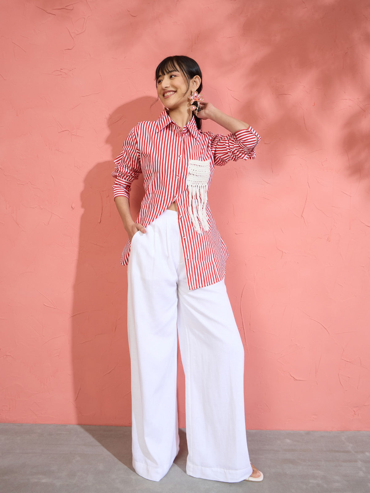 Red & White Stripe Slim Fit Shirt -Pink Paprika by SASSAFRAS