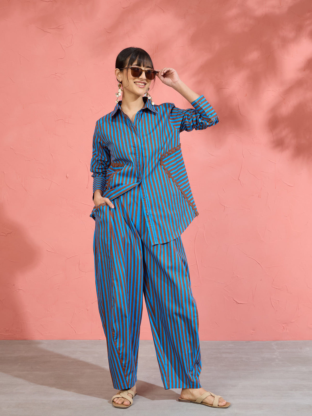 Blue & Brown Stripe Ric Rac Regular Shirt -Pink Paprika by SASSAFRAS