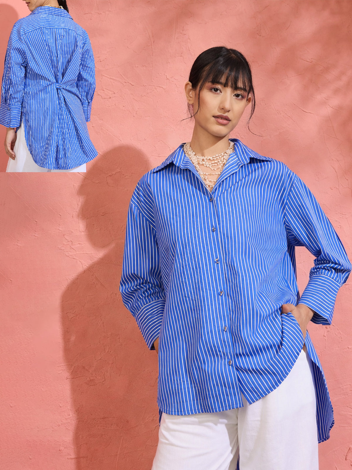 Blue Pin Stripe High-Low Oversized Shirt-Pink Paprika by SASSAFRAS