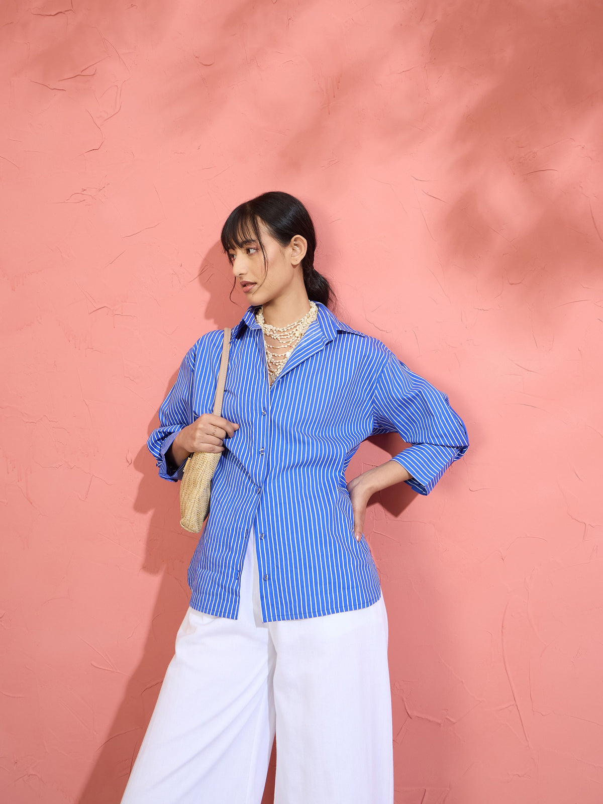 Blue Pin Stripe High-Low Oversized Shirt-Pink Paprika by SASSAFRAS
